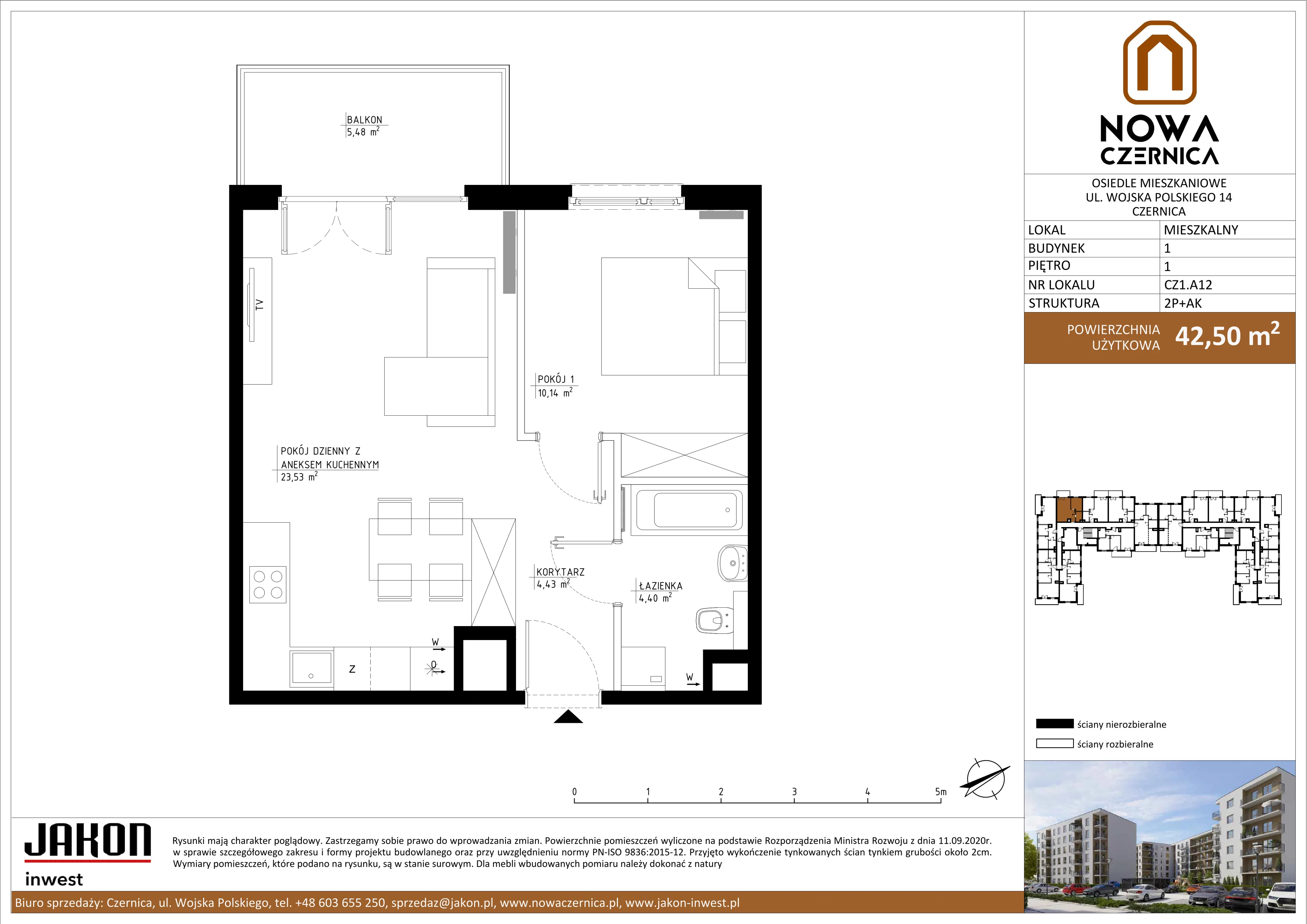 2 pokoje, mieszkanie 42,50 m², piętro 1, oferta nr CZ1.A12, Nowa Czernica CZ1, Czernica, ul. Wojska Polskiego 13
