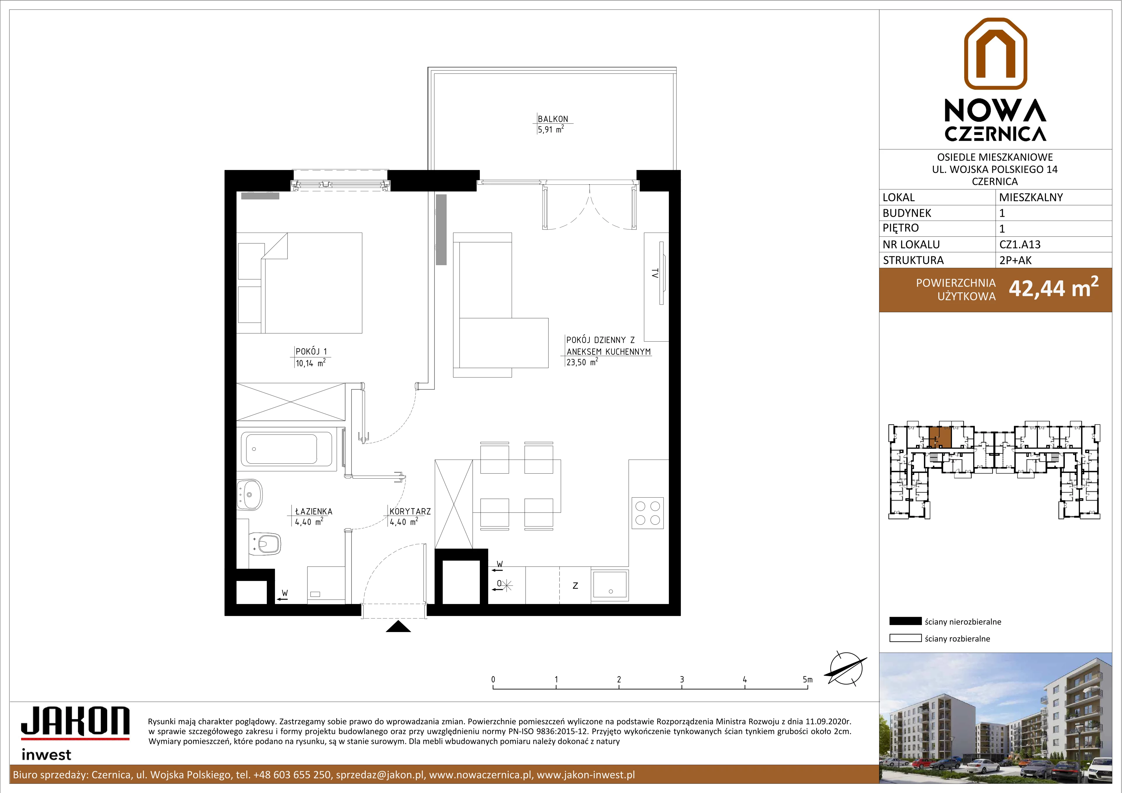2 pokoje, mieszkanie 42,44 m², piętro 1, oferta nr CZ1.A13, Nowa Czernica CZ1, Czernica, ul. Wojska Polskiego 13