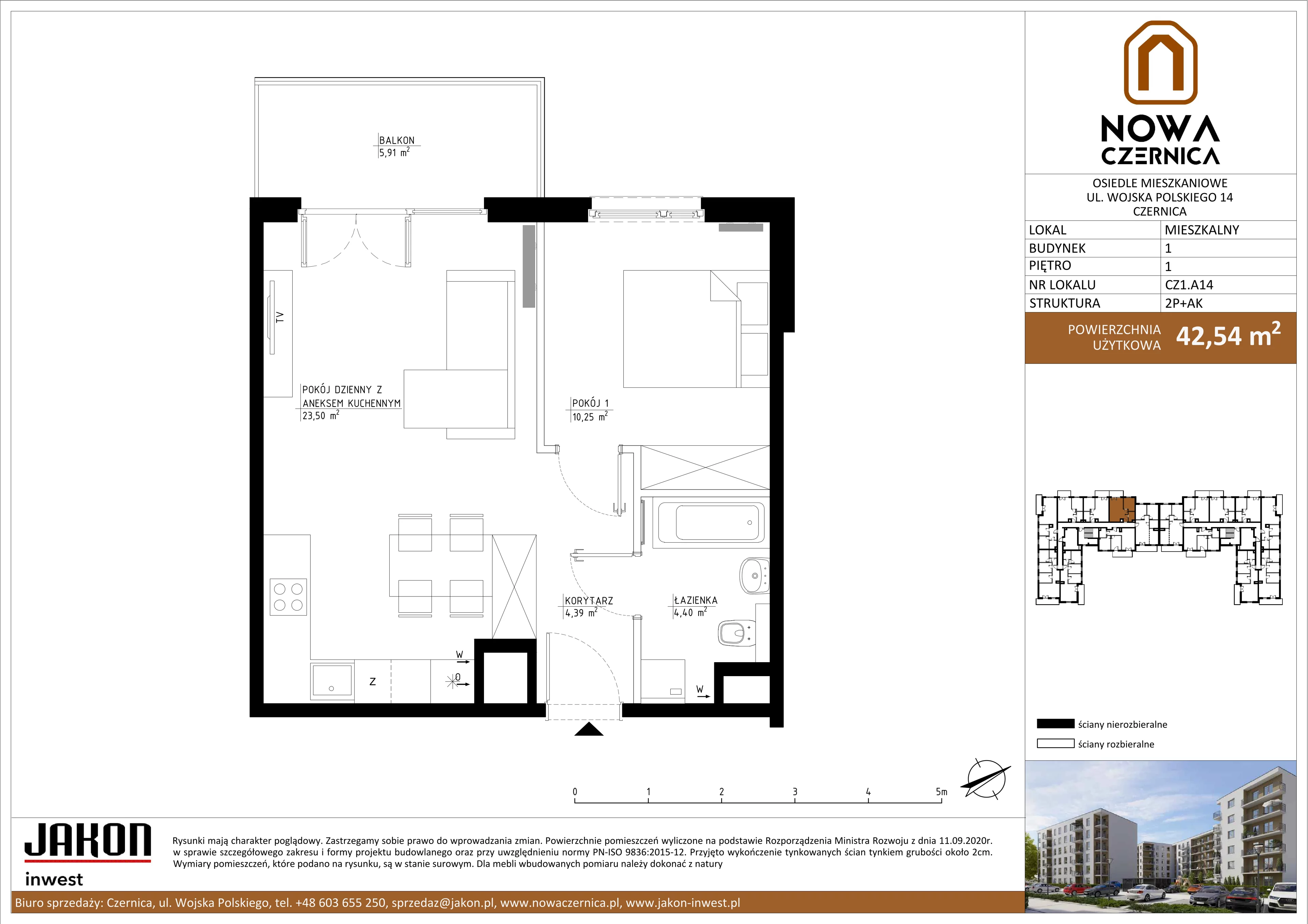 2 pokoje, mieszkanie 42,54 m², piętro 1, oferta nr CZ1.A14, Nowa Czernica CZ1, Czernica, ul. Wojska Polskiego 13