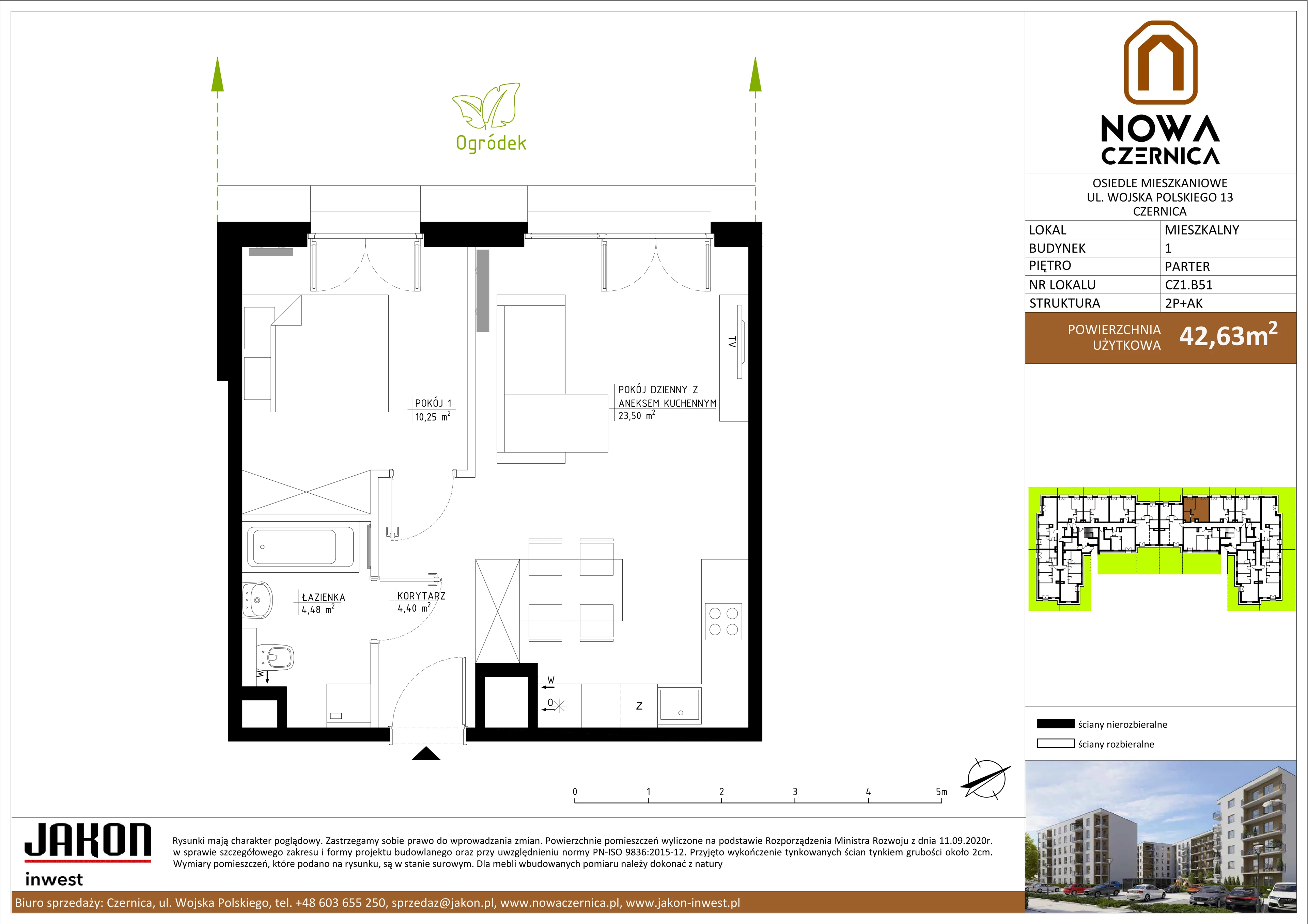 2 pokoje, mieszkanie 42,63 m², parter, oferta nr CZ1.B51, Nowa Czernica CZ1, Czernica, ul. Wojska Polskiego 13