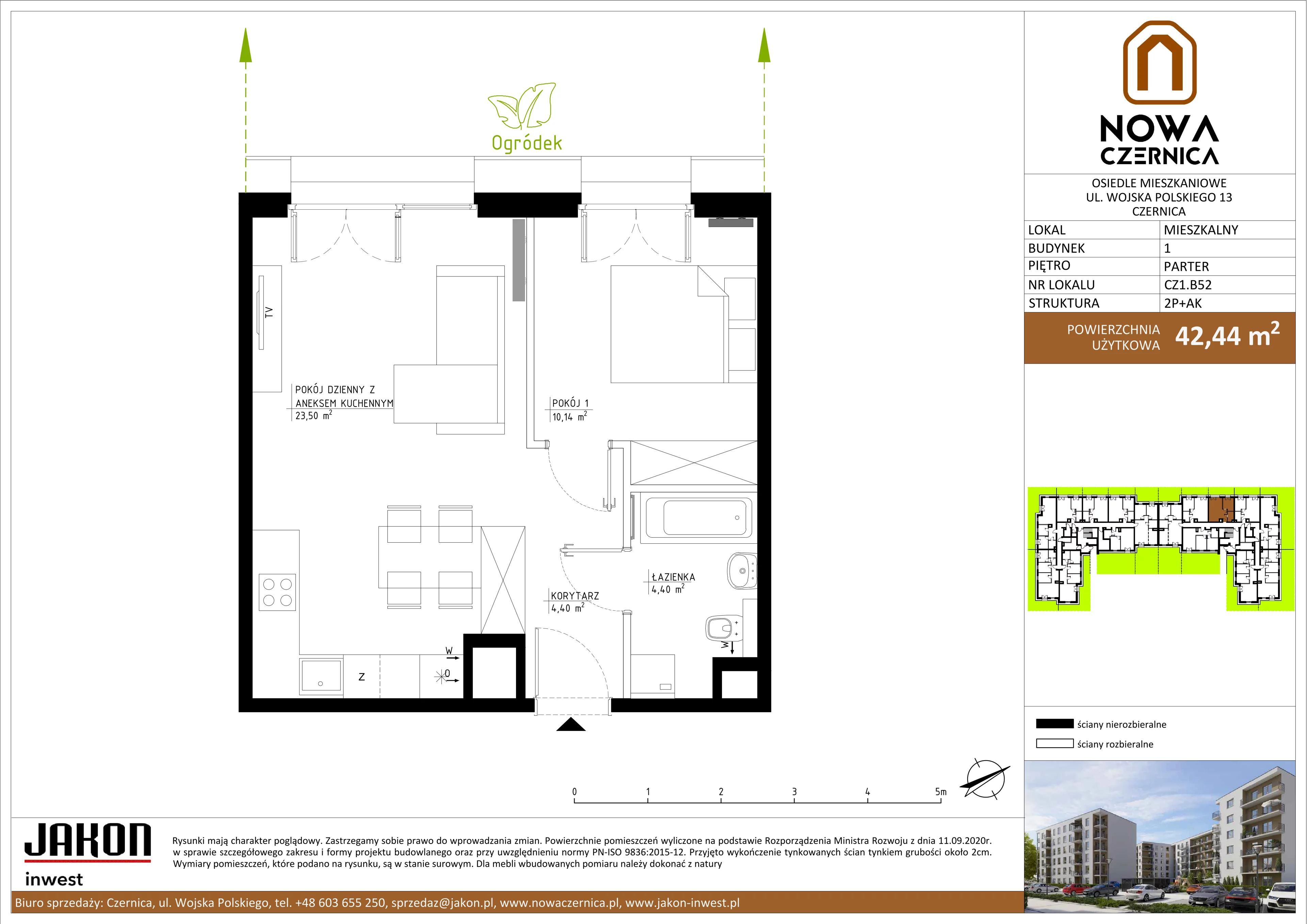 2 pokoje, mieszkanie 42,44 m², parter, oferta nr CZ1.B52, Nowa Czernica CZ1, Czernica, ul. Wojska Polskiego 13