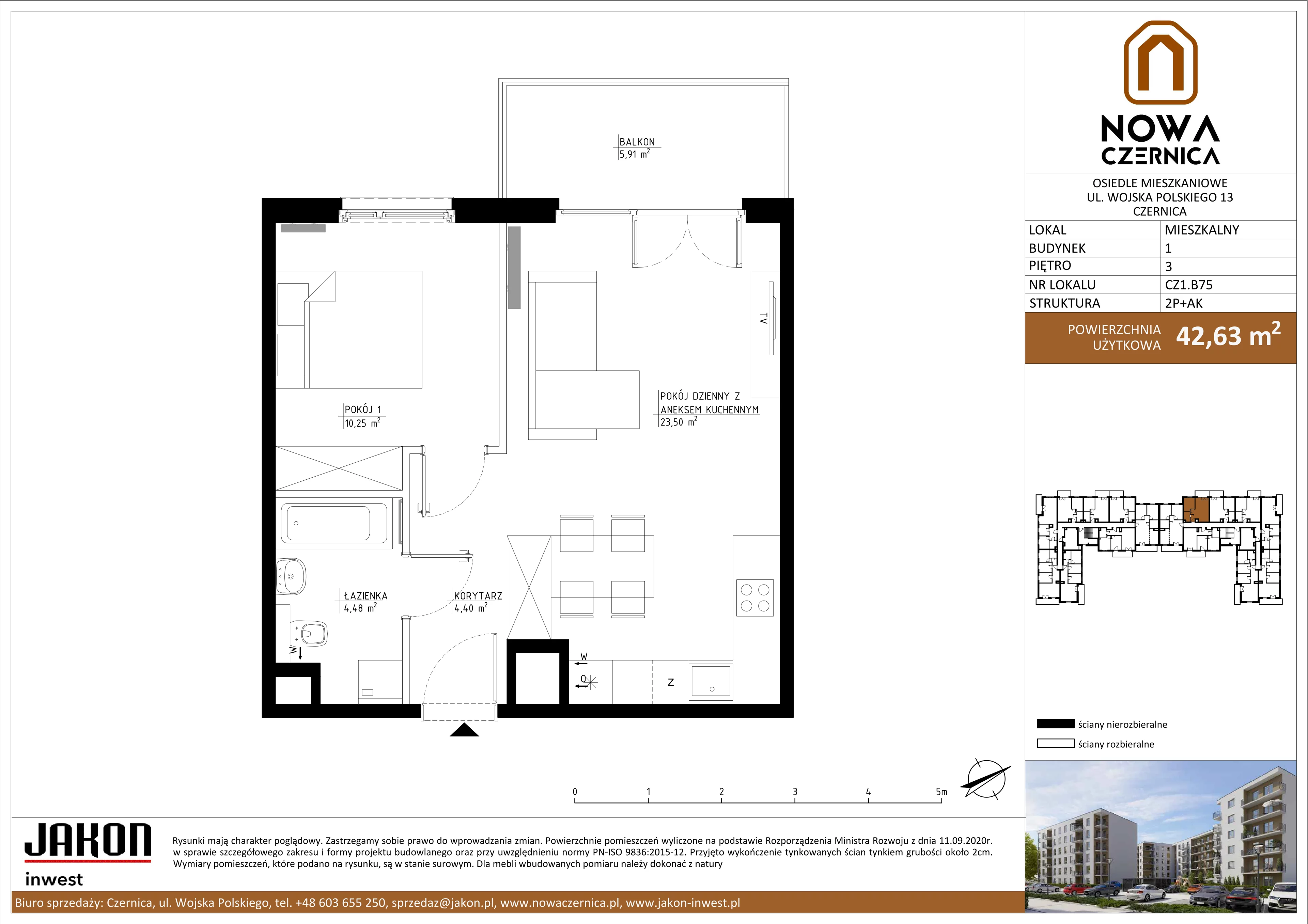 2 pokoje, mieszkanie 42,63 m², piętro 3, oferta nr CZ1.B75, Nowa Czernica CZ1, Czernica, ul. Wojska Polskiego 13