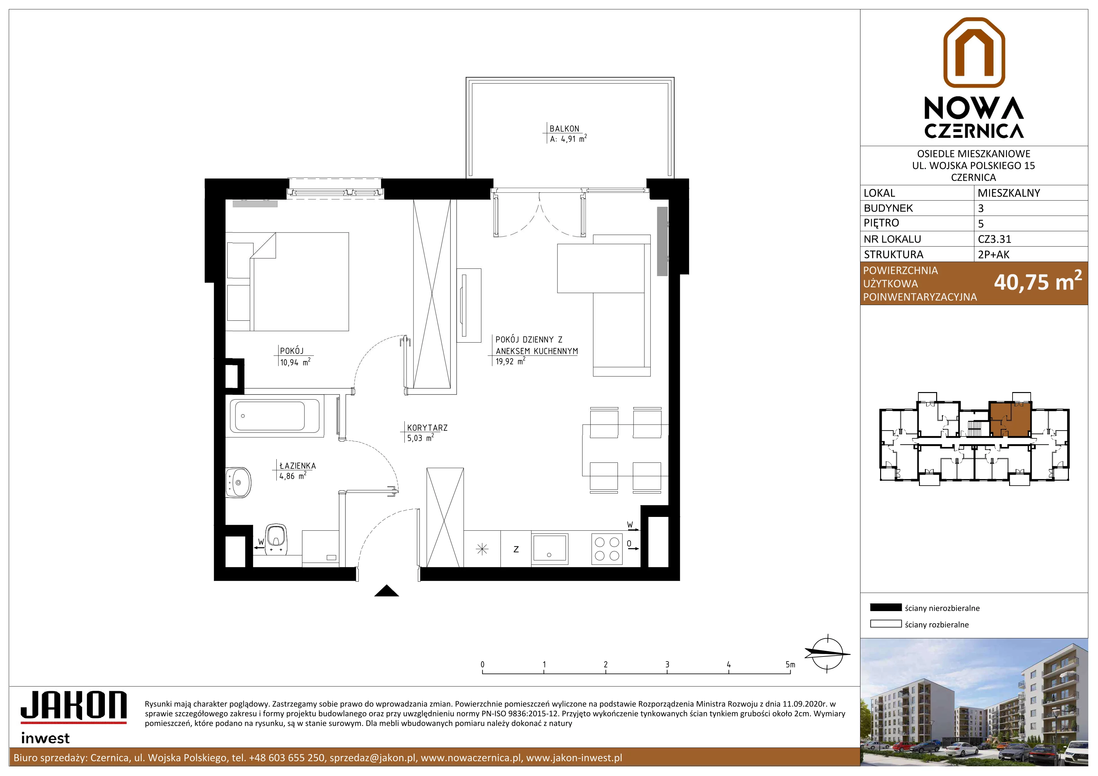 2 pokoje, mieszkanie 40,75 m², piętro 5, oferta nr CZ3.31, Nowa Czernica CZ3, Czernica, ul. Wojska Polskiego 15