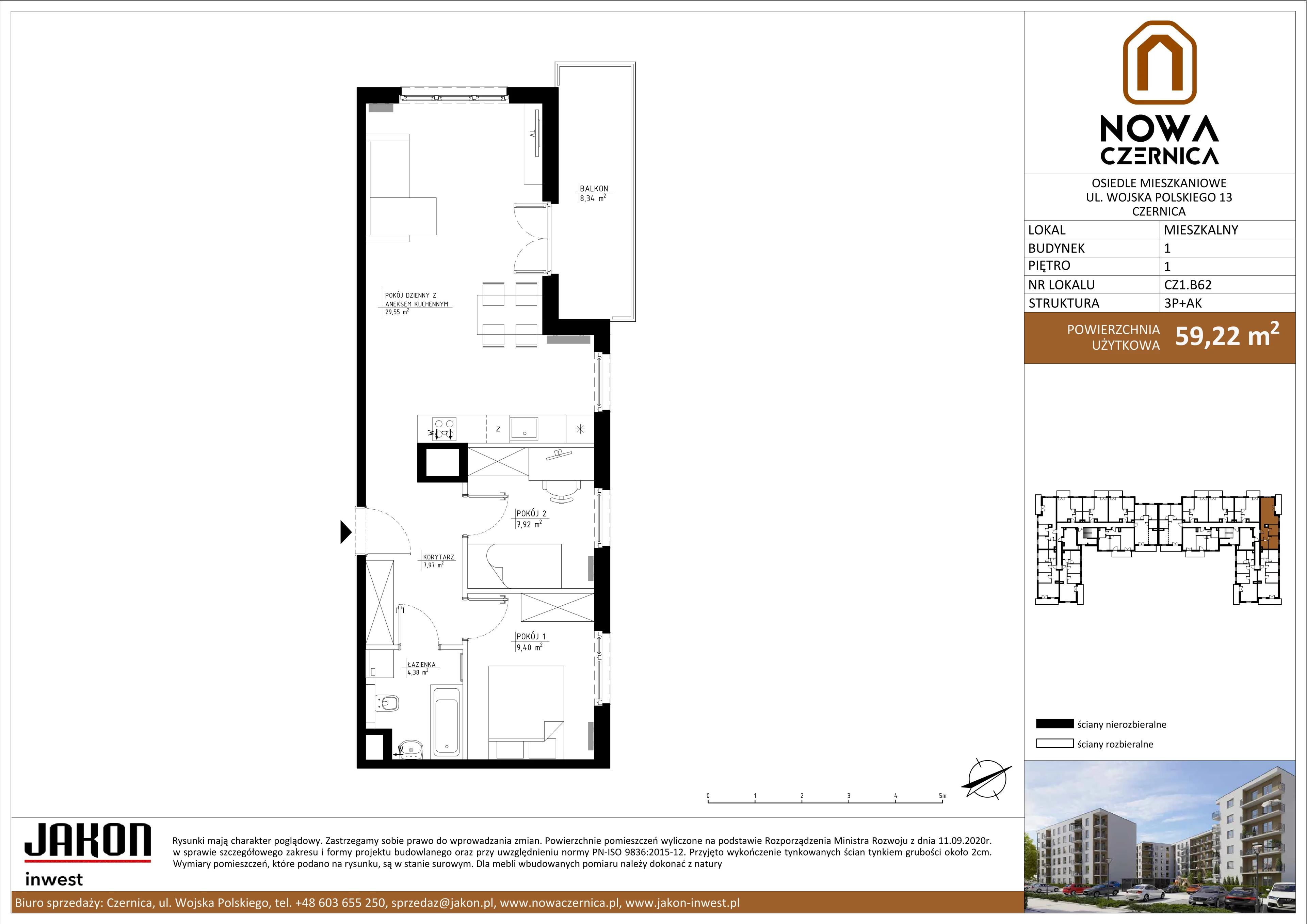 3 pokoje, mieszkanie 59,22 m², piętro 1, oferta nr CZ1.B62, Nowa Czernica CZ1, Czernica, ul. Wojska Polskiego 13