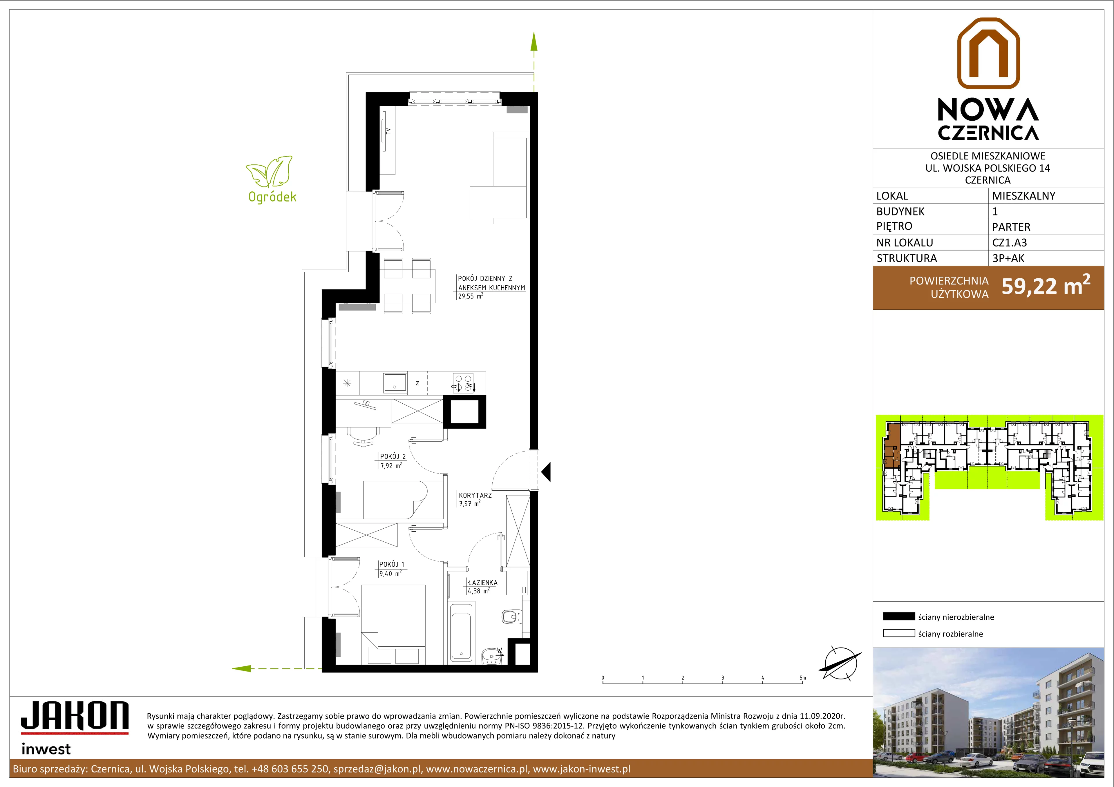 3 pokoje, mieszkanie 59,22 m², parter, oferta nr CZ1.A3, Nowa Czernica CZ1, Czernica, ul. Wojska Polskiego 13