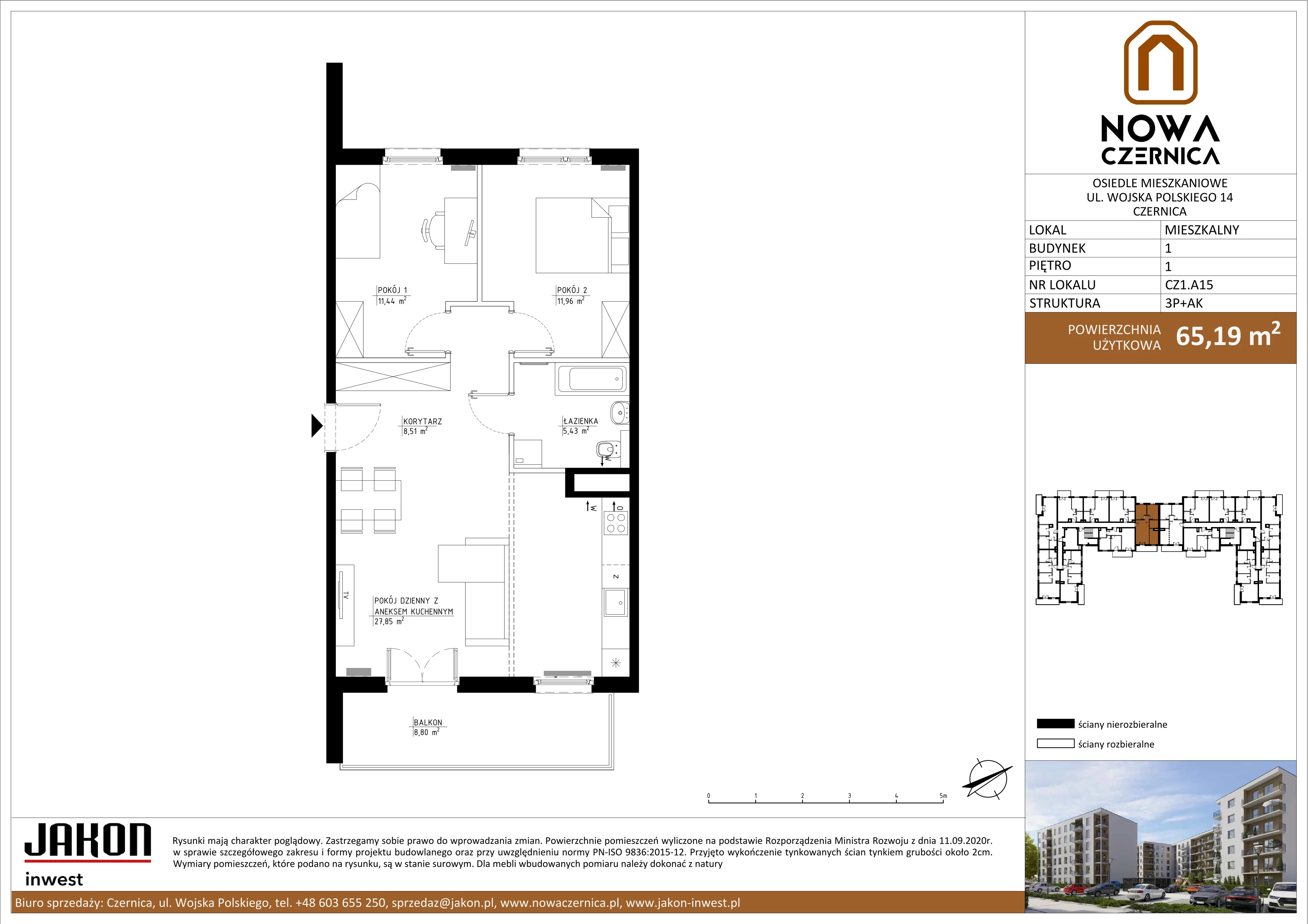 3 pokoje, mieszkanie 65,19 m², piętro 1, oferta nr CZ1.A15, Nowa Czernica CZ1, Czernica, ul. Wojska Polskiego 13