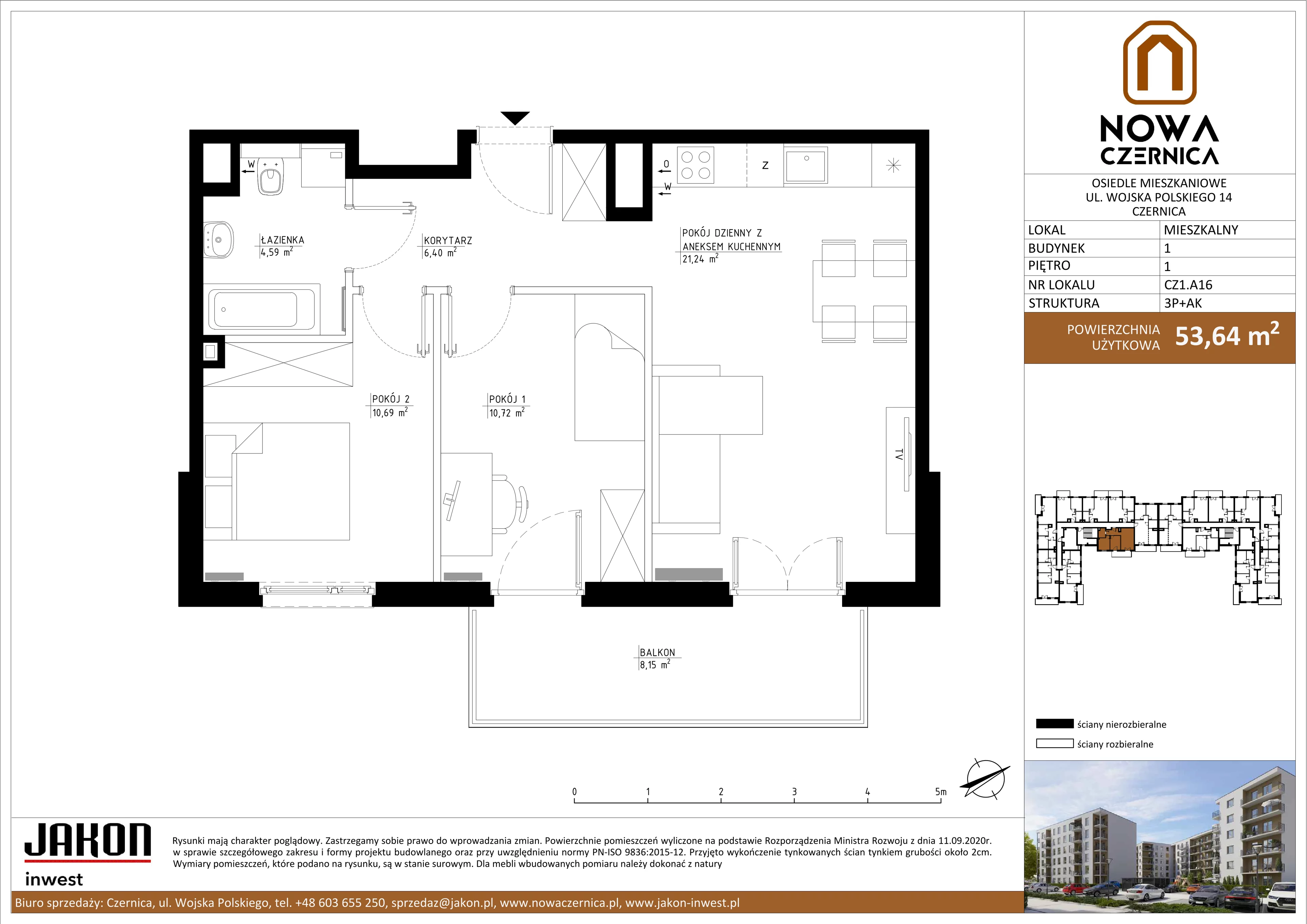 3 pokoje, mieszkanie 53,64 m², piętro 1, oferta nr CZ1.A16, Nowa Czernica CZ1, Czernica, ul. Wojska Polskiego 13