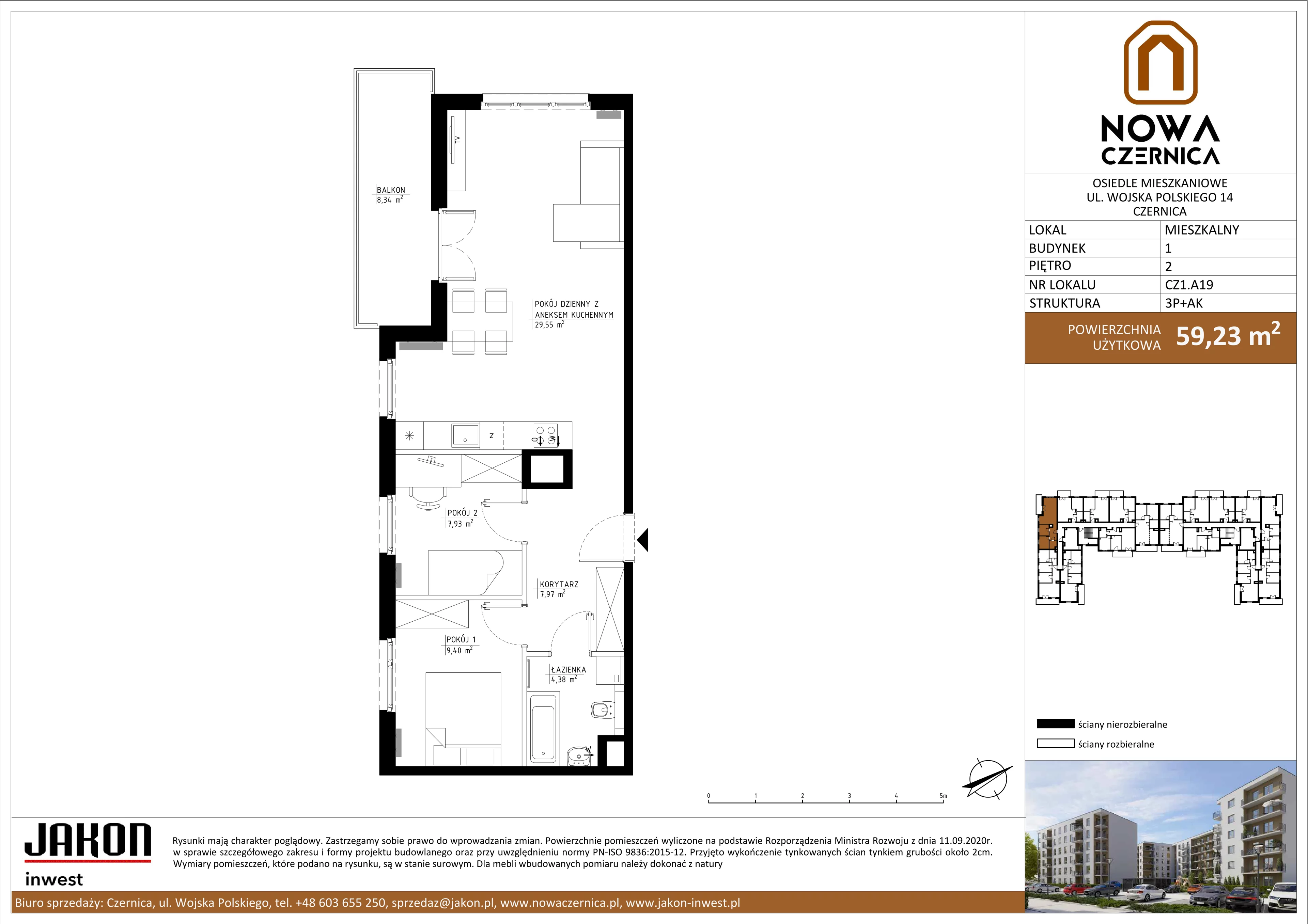 3 pokoje, mieszkanie 59,23 m², piętro 2, oferta nr CZ1.A19, Nowa Czernica CZ1, Czernica, ul. Wojska Polskiego 13