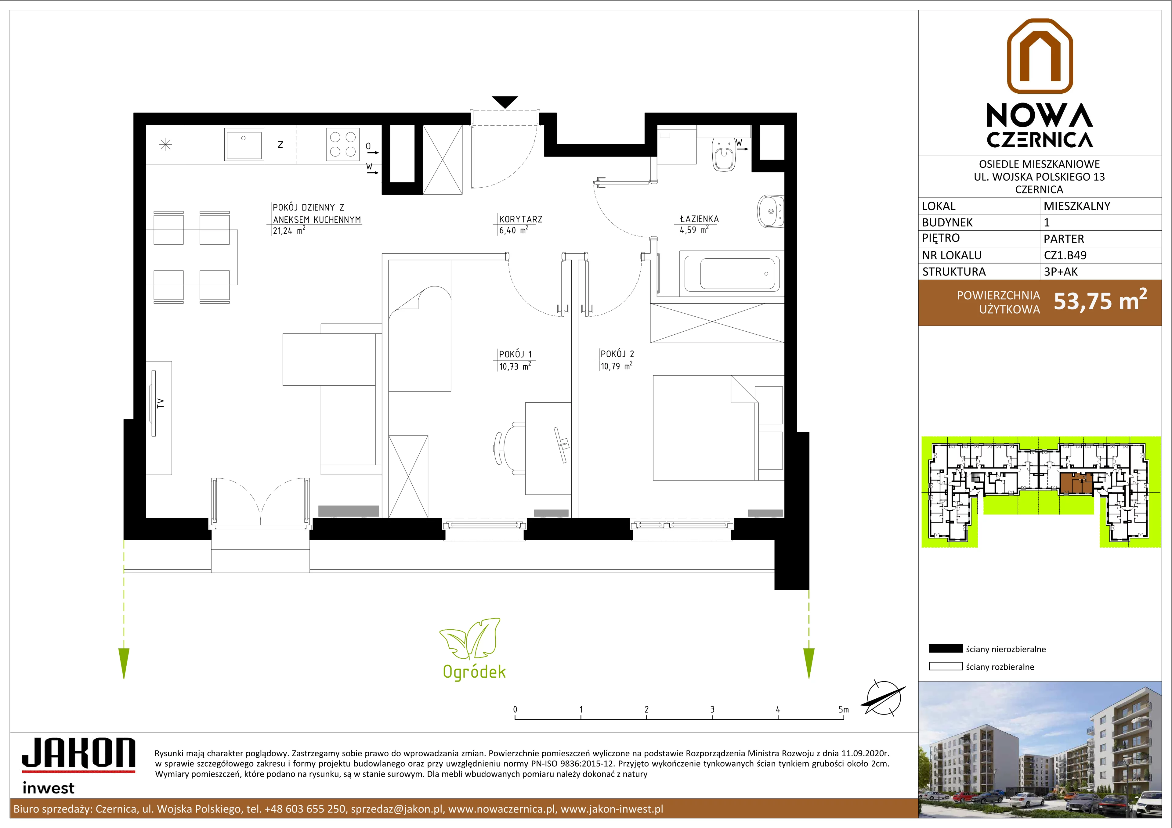 3 pokoje, mieszkanie 53,75 m², parter, oferta nr CZ1.B49, Nowa Czernica CZ1, Czernica, ul. Wojska Polskiego 13