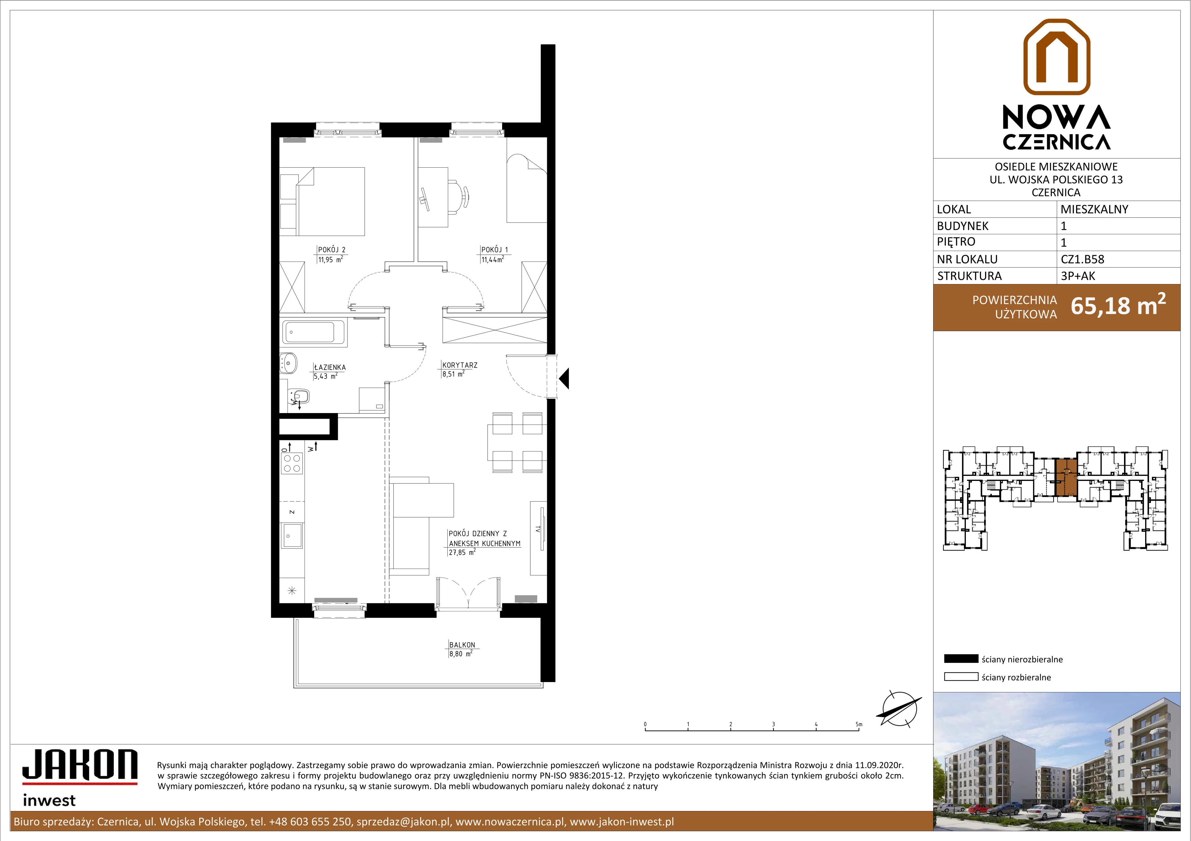 3 pokoje, mieszkanie 65,18 m², piętro 1, oferta nr CZ1.B58, Nowa Czernica CZ1, Czernica, ul. Wojska Polskiego 13