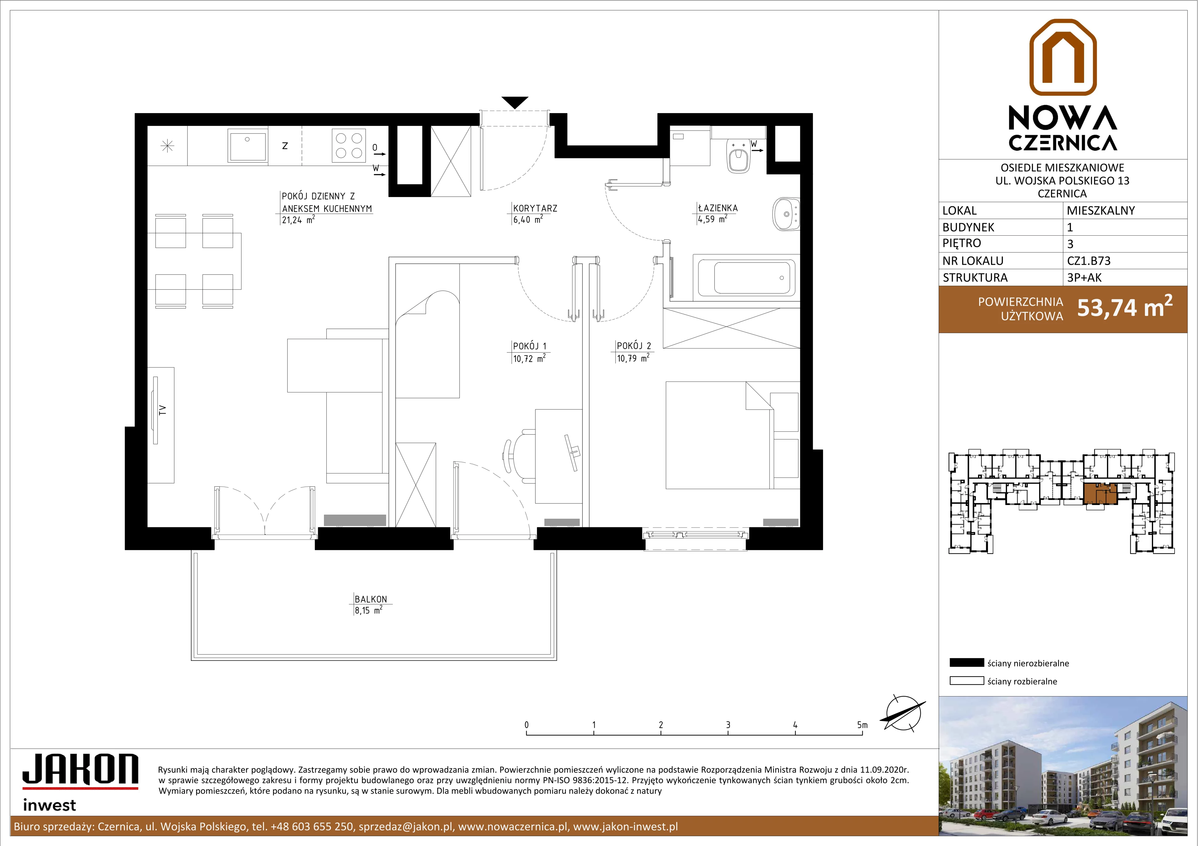 3 pokoje, mieszkanie 53,74 m², piętro 3, oferta nr CZ1.B73, Nowa Czernica CZ1, Czernica, ul. Wojska Polskiego 13