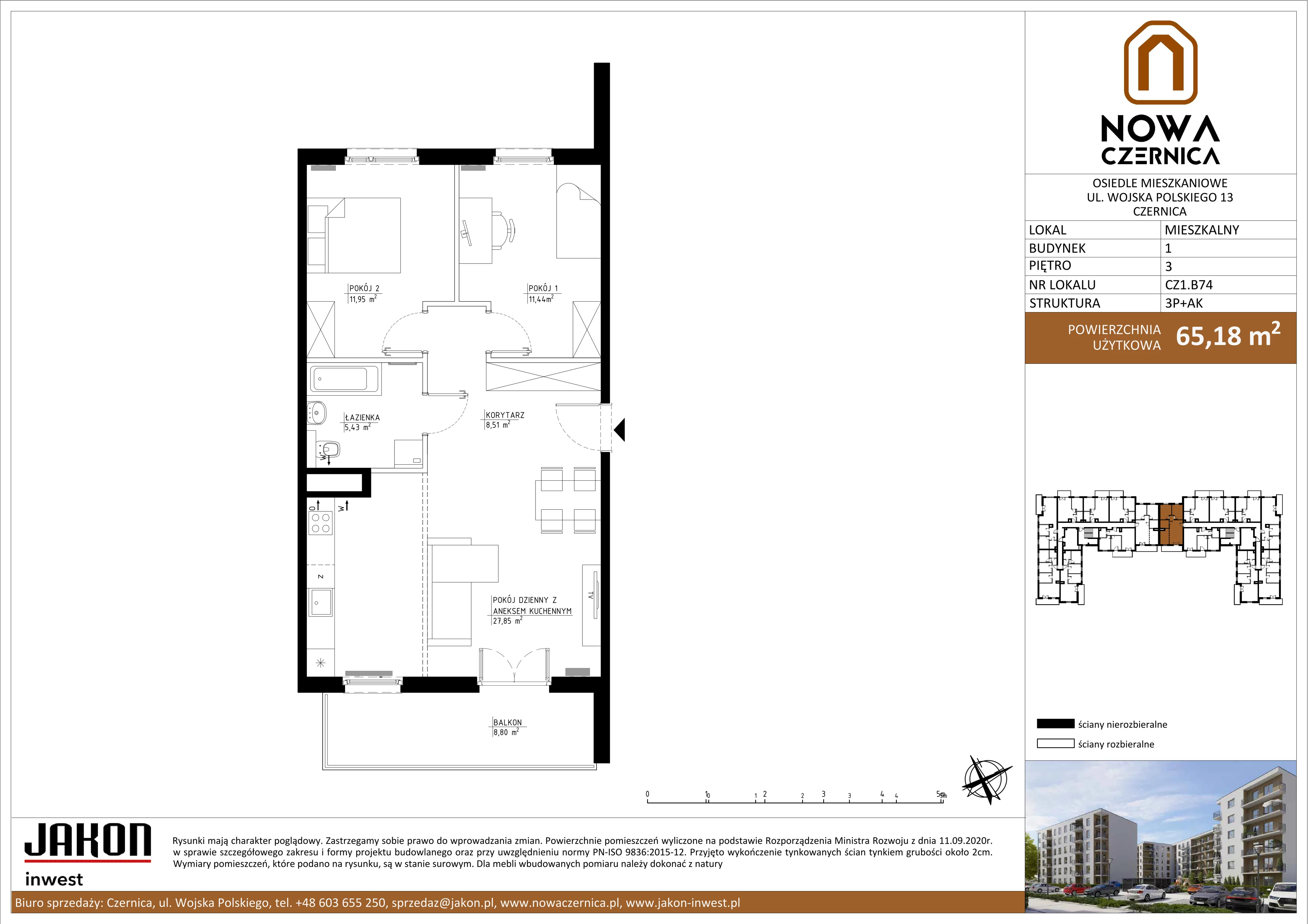 3 pokoje, mieszkanie 65,18 m², piętro 3, oferta nr CZ1.B74, Nowa Czernica CZ1, Czernica, ul. Wojska Polskiego 13