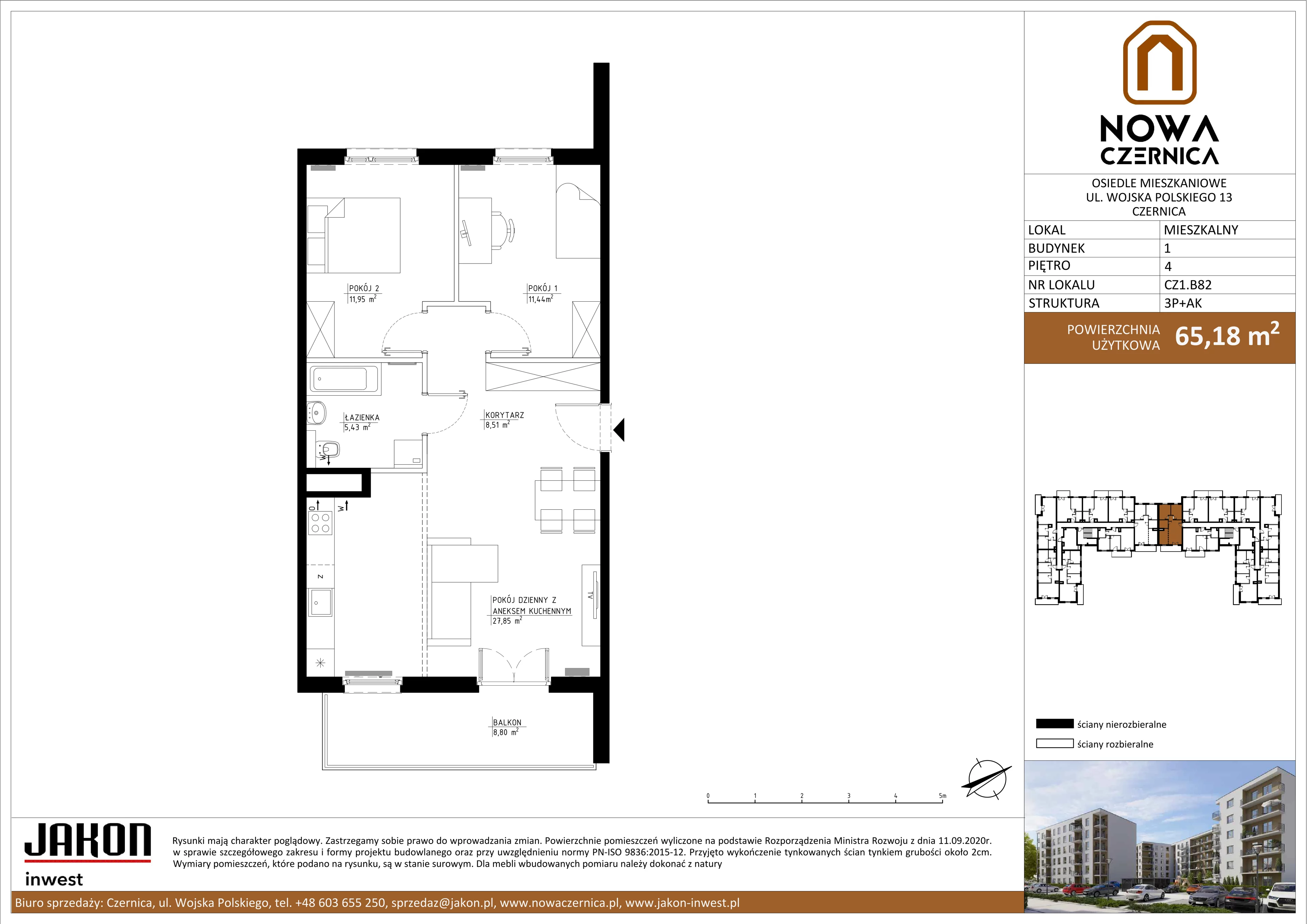 3 pokoje, mieszkanie 65,18 m², piętro 4, oferta nr CZ1.B82, Nowa Czernica CZ1, Czernica, ul. Wojska Polskiego 13