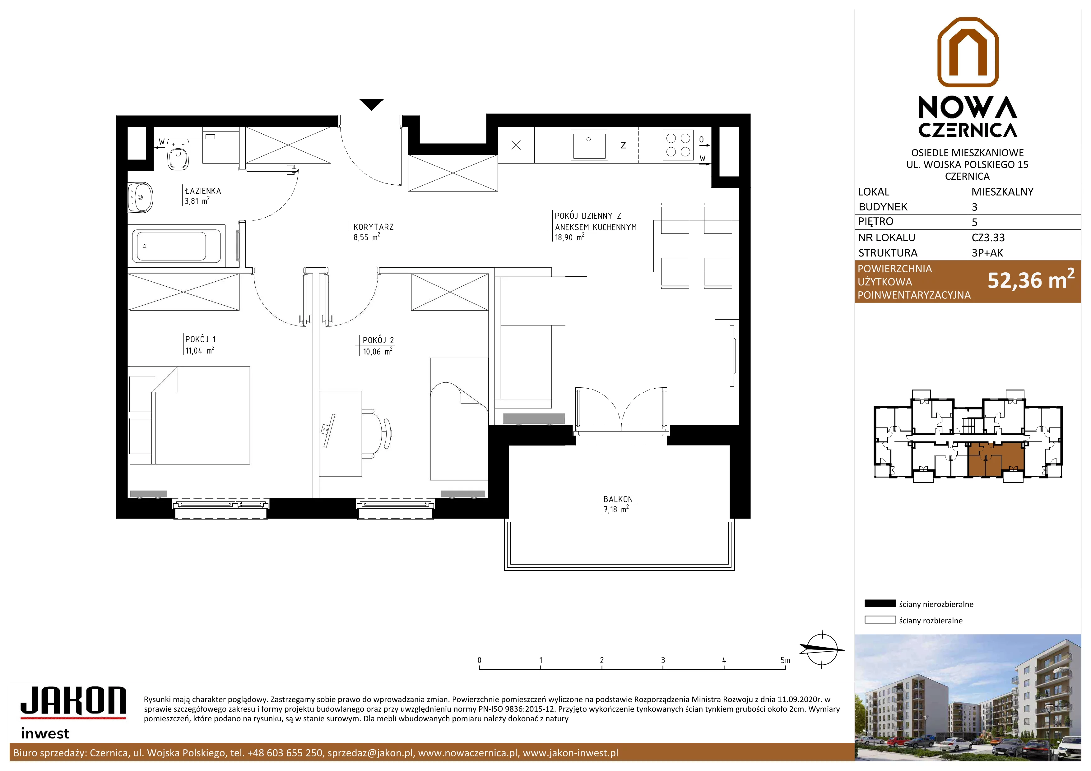 3 pokoje, mieszkanie 52,36 m², piętro 5, oferta nr CZ3.33, Nowa Czernica CZ3, Czernica, ul. Wojska Polskiego 15