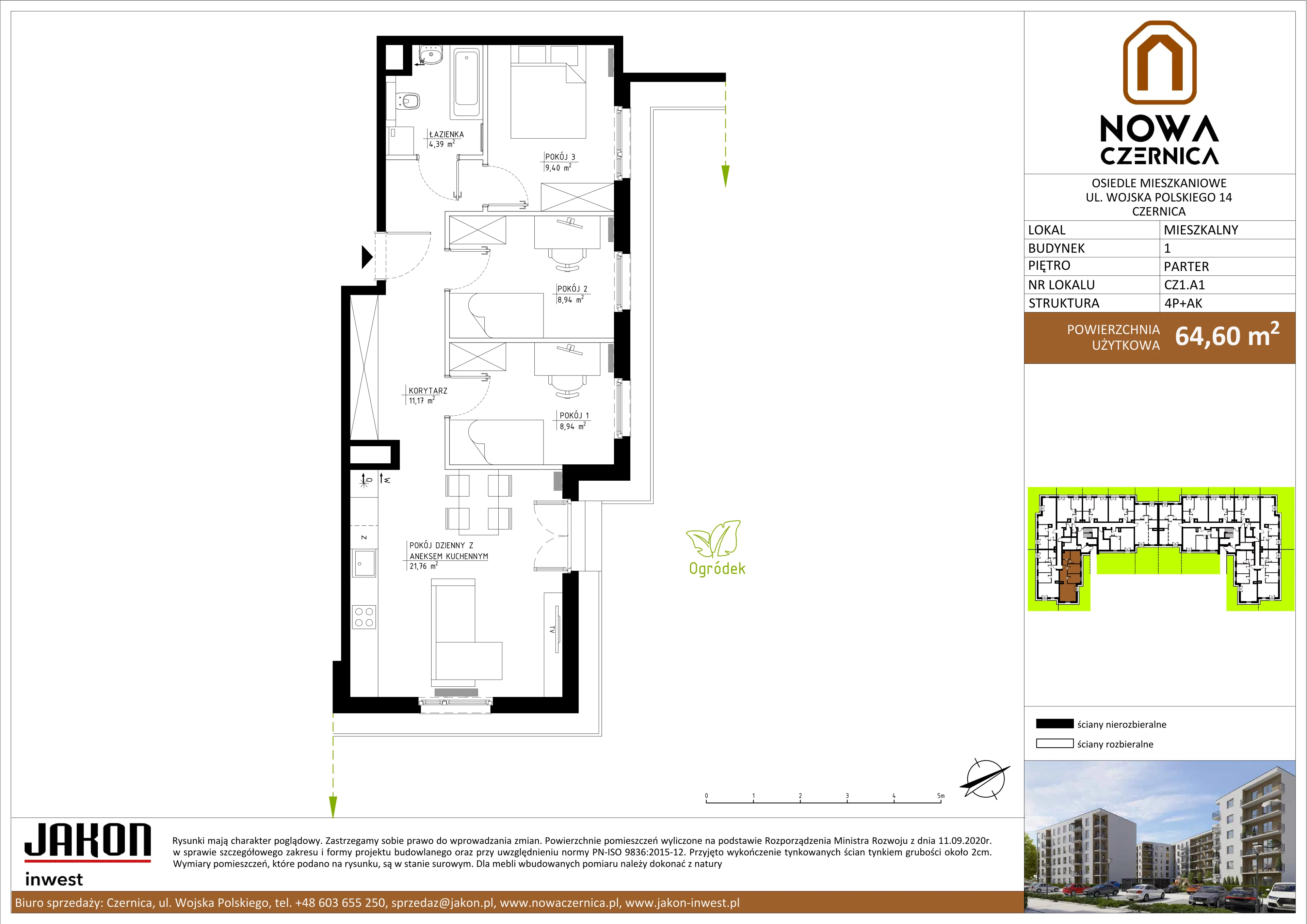 4 pokoje, mieszkanie 64,60 m², parter, oferta nr CZ1.A1, Nowa Czernica CZ1, Czernica, ul. Wojska Polskiego 13