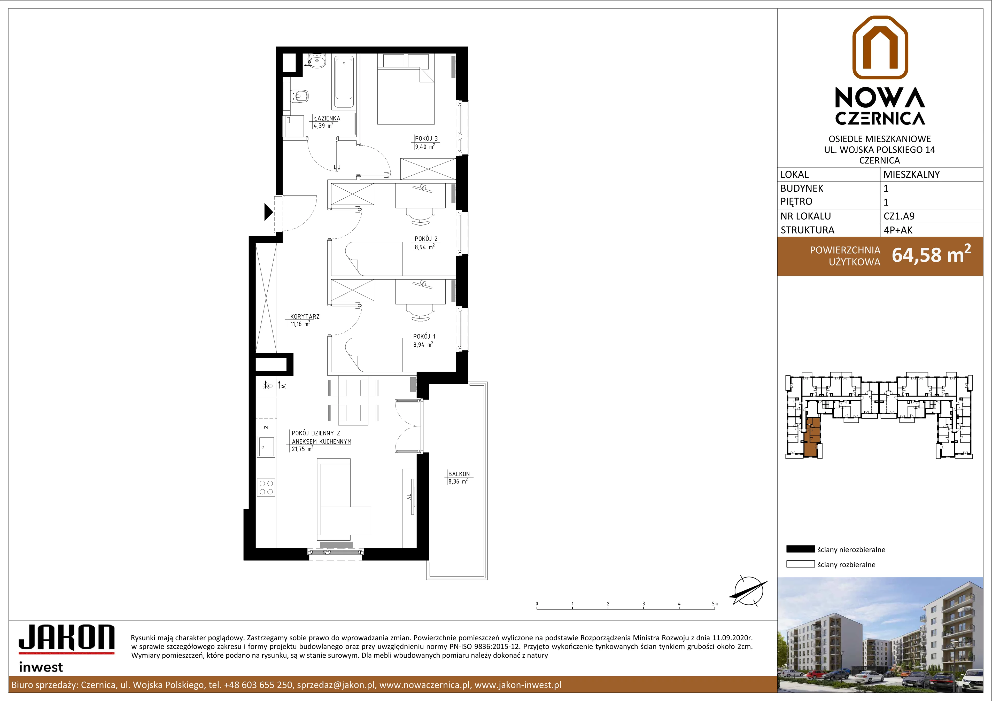 4 pokoje, mieszkanie 64,58 m², piętro 1, oferta nr CZ1.A9, Nowa Czernica CZ1, Czernica, ul. Wojska Polskiego 13