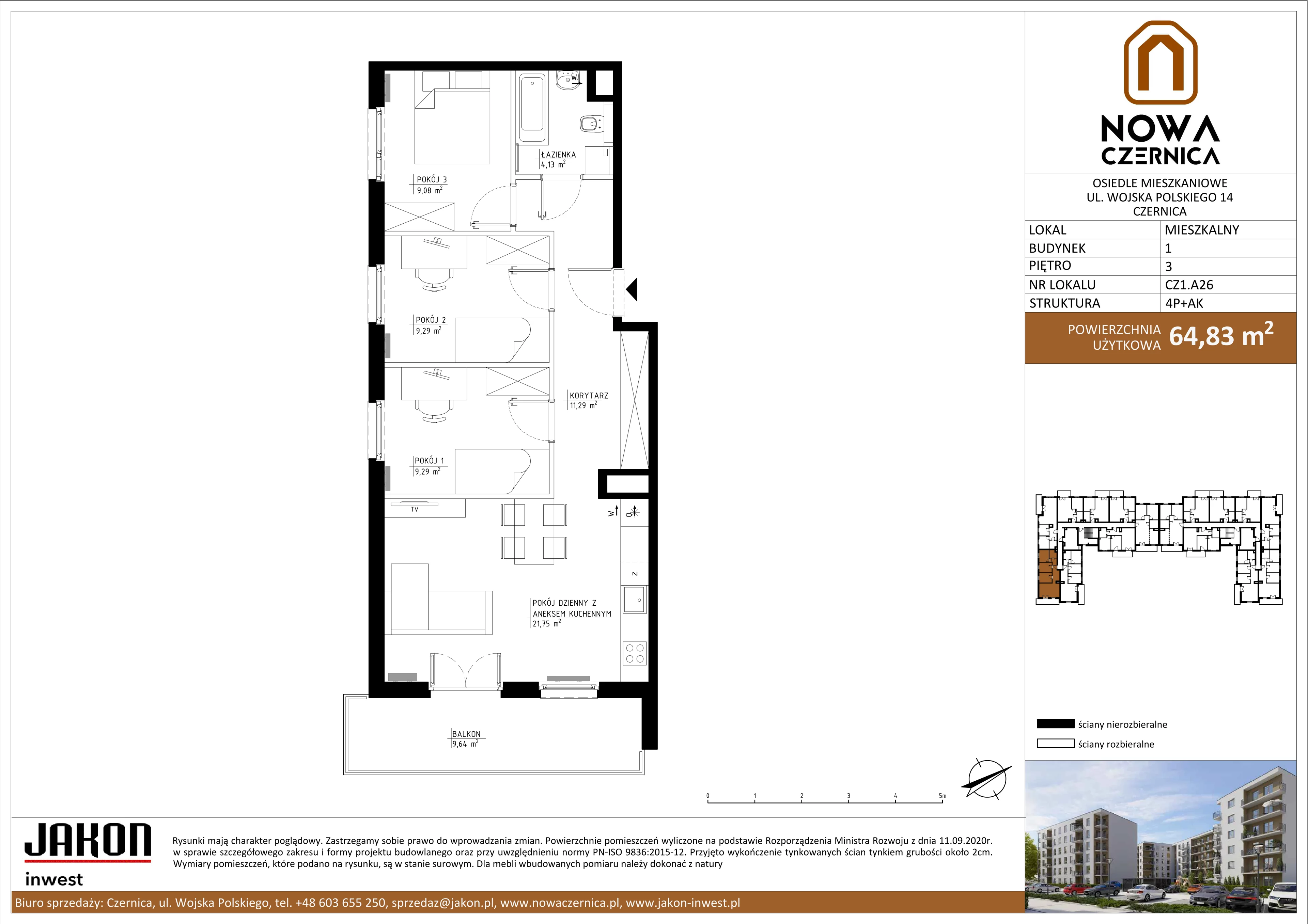 4 pokoje, mieszkanie 64,83 m², piętro 3, oferta nr CZ1.A26, Nowa Czernica CZ1, Czernica, ul. Wojska Polskiego 13