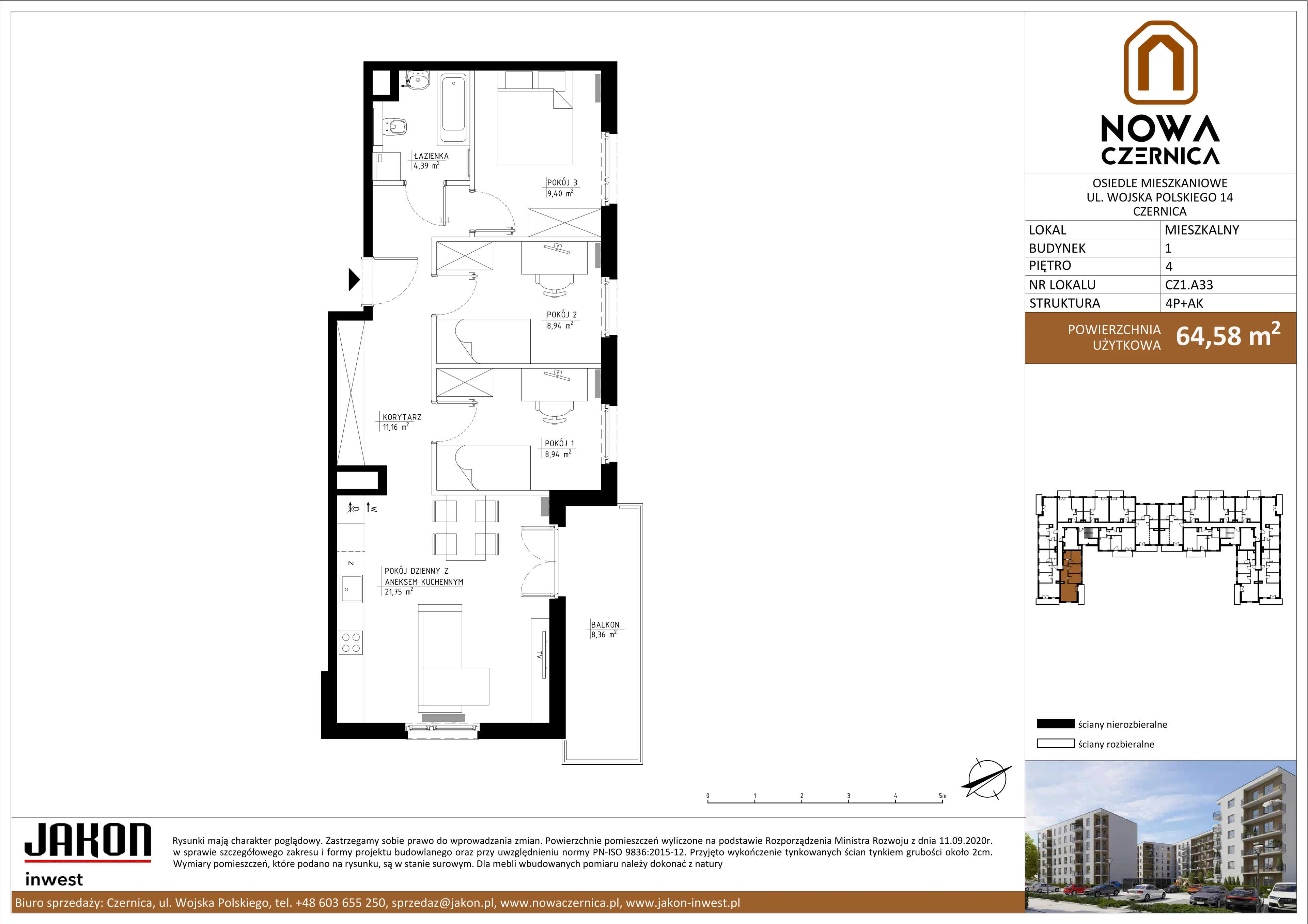 4 pokoje, mieszkanie 64,58 m², piętro 4, oferta nr CZ1.A33, Nowa Czernica CZ1, Czernica, ul. Wojska Polskiego 13