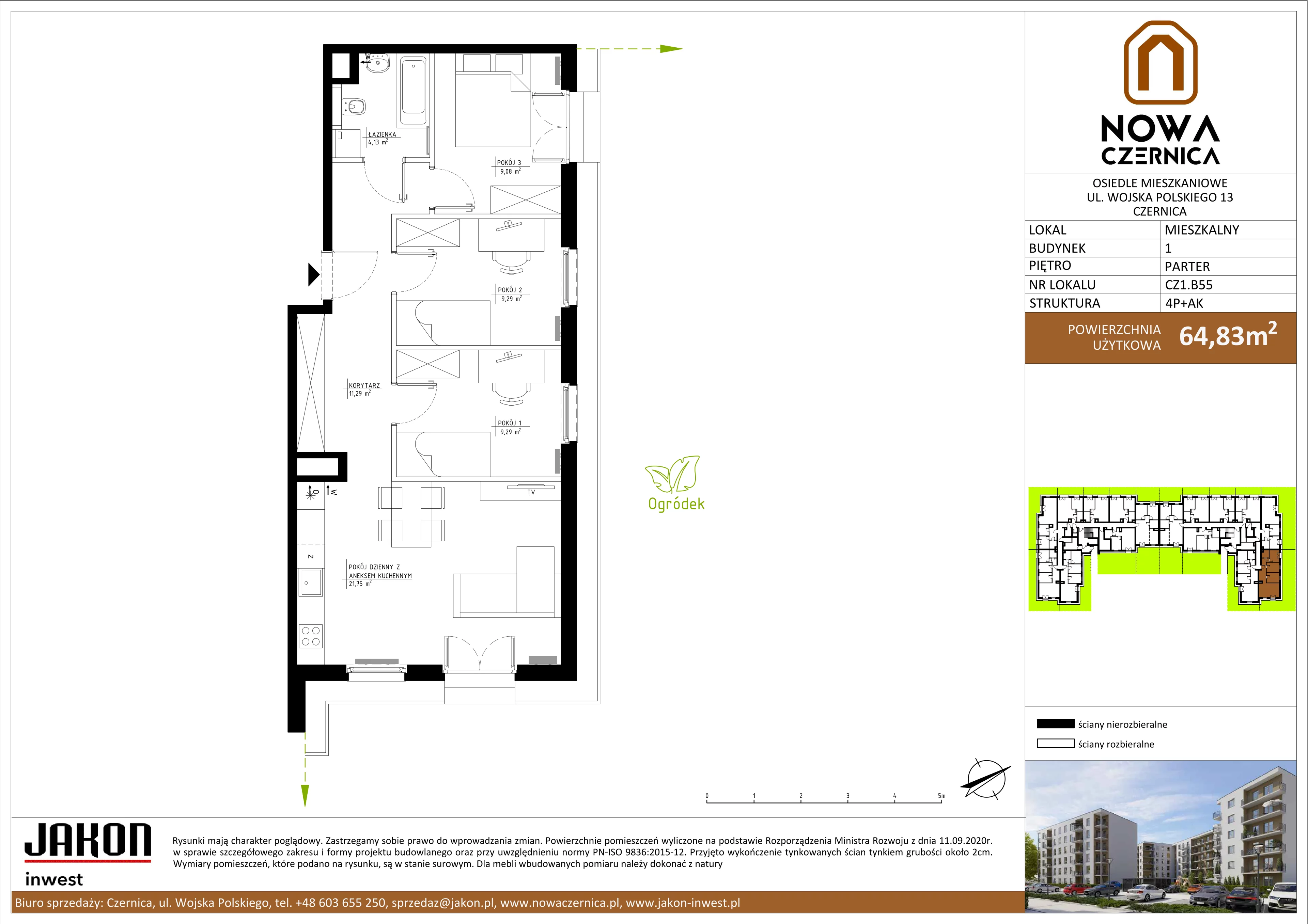 4 pokoje, mieszkanie 64,83 m², parter, oferta nr CZ1.B55, Nowa Czernica CZ1, Czernica, ul. Wojska Polskiego 13