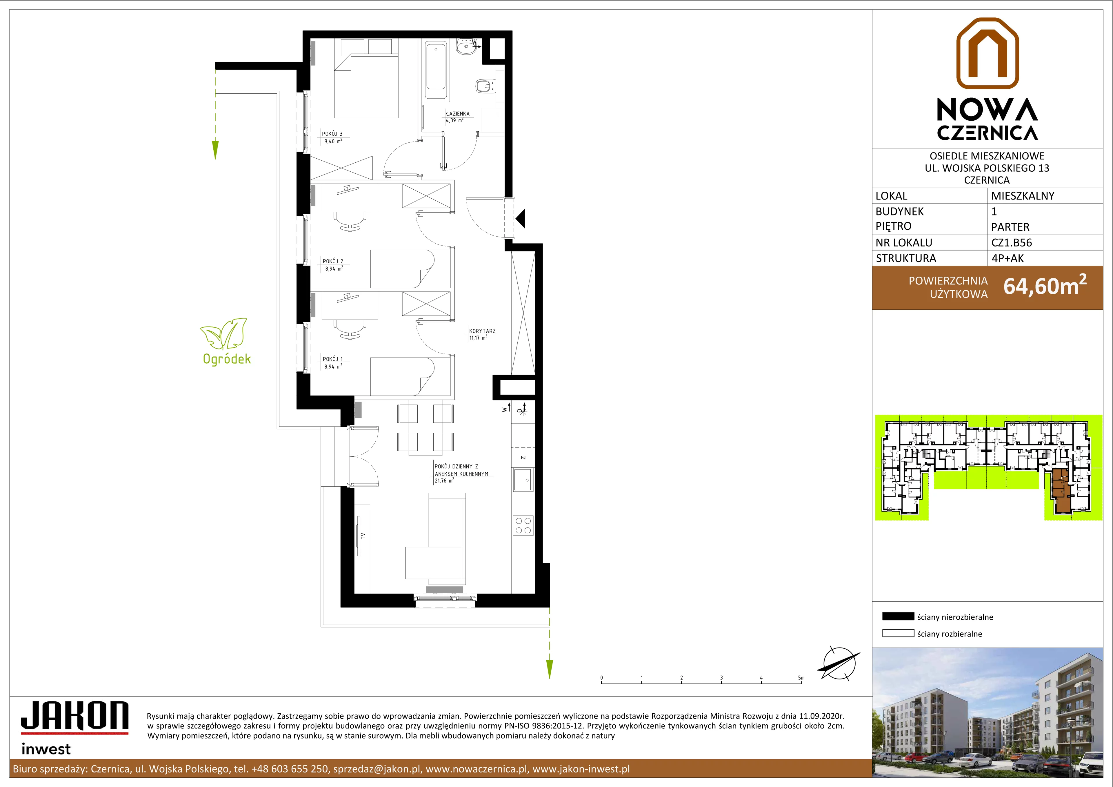 4 pokoje, mieszkanie 64,60 m², parter, oferta nr CZ1.B56, Nowa Czernica CZ1, Czernica, ul. Wojska Polskiego 13