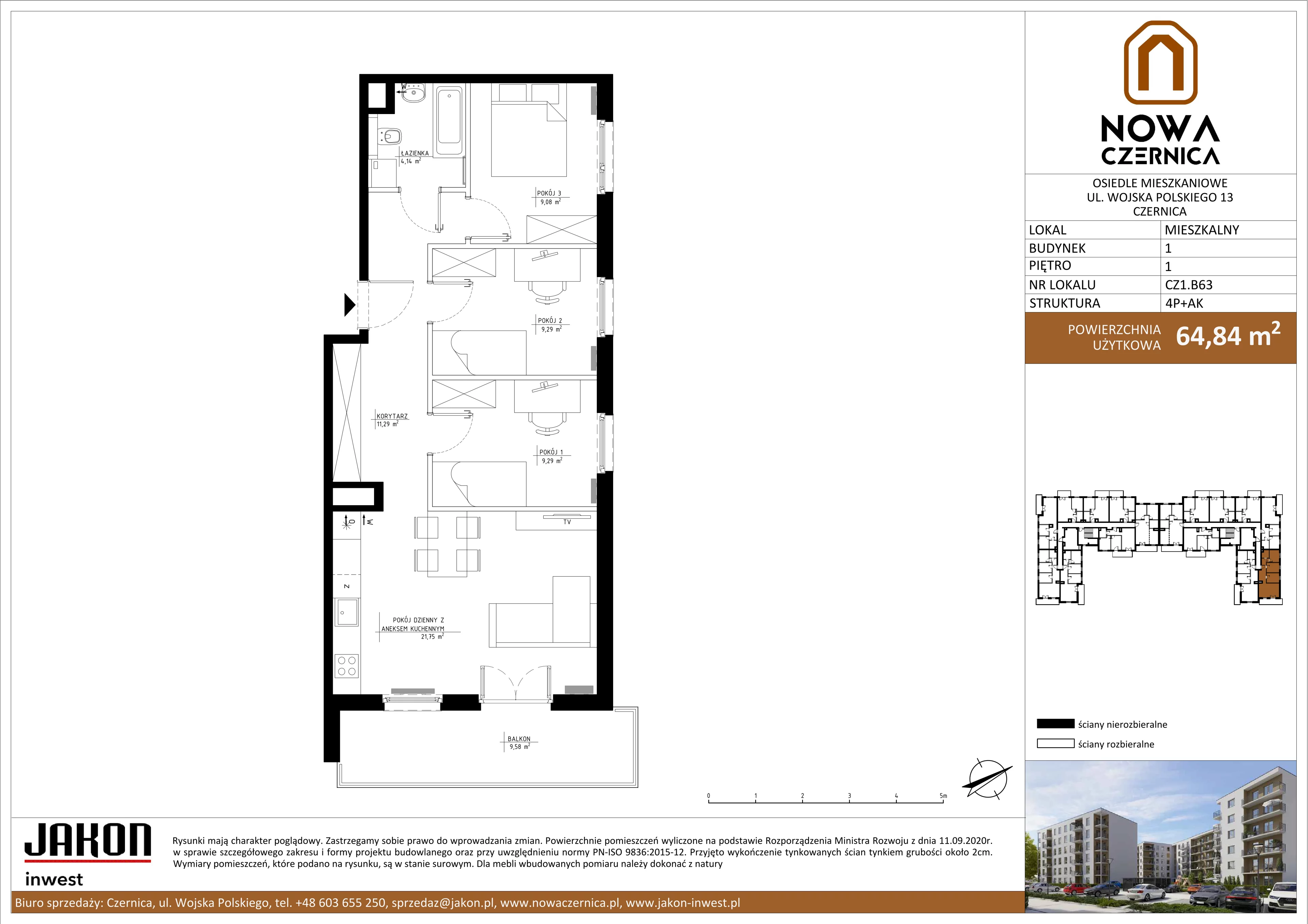 4 pokoje, mieszkanie 64,84 m², piętro 1, oferta nr CZ1.B63, Nowa Czernica CZ1, Czernica, ul. Wojska Polskiego 13