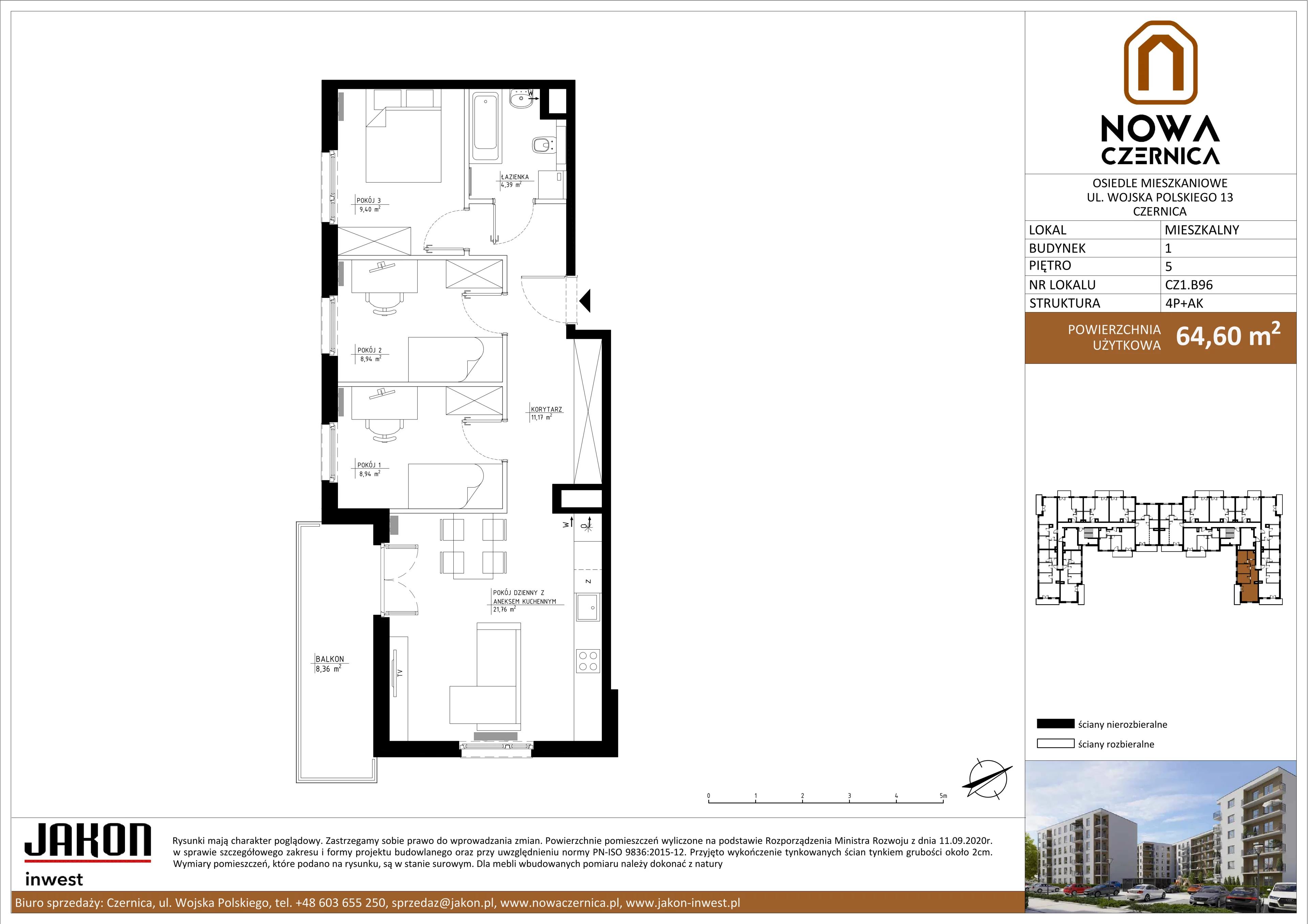 4 pokoje, mieszkanie 64,60 m², piętro 5, oferta nr CZ1.B96, Nowa Czernica CZ1, Czernica, ul. Wojska Polskiego 13
