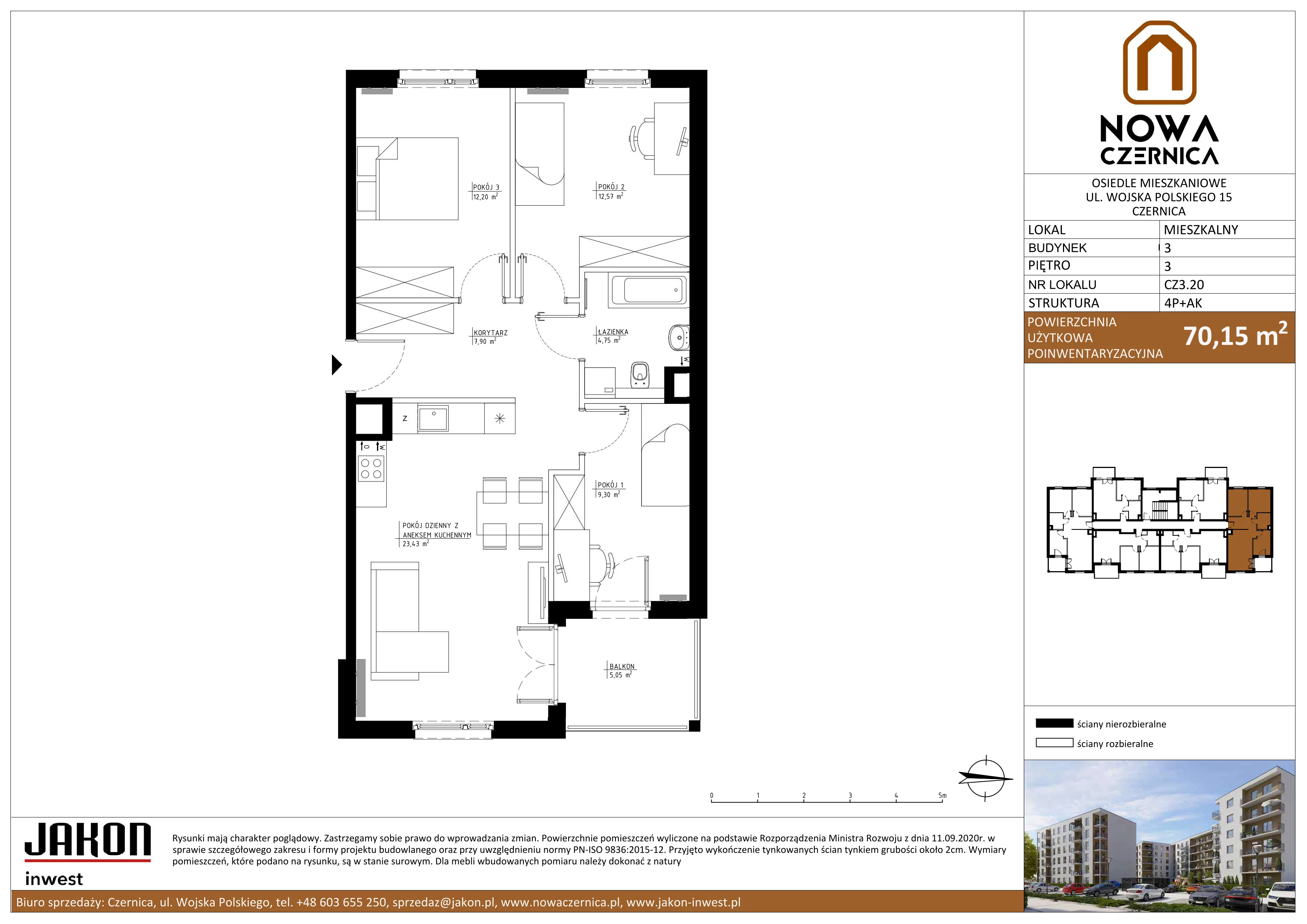 4 pokoje, mieszkanie 70,15 m², piętro 3, oferta nr CZ3.20, Nowa Czernica CZ3, Czernica, ul. Wojska Polskiego 15