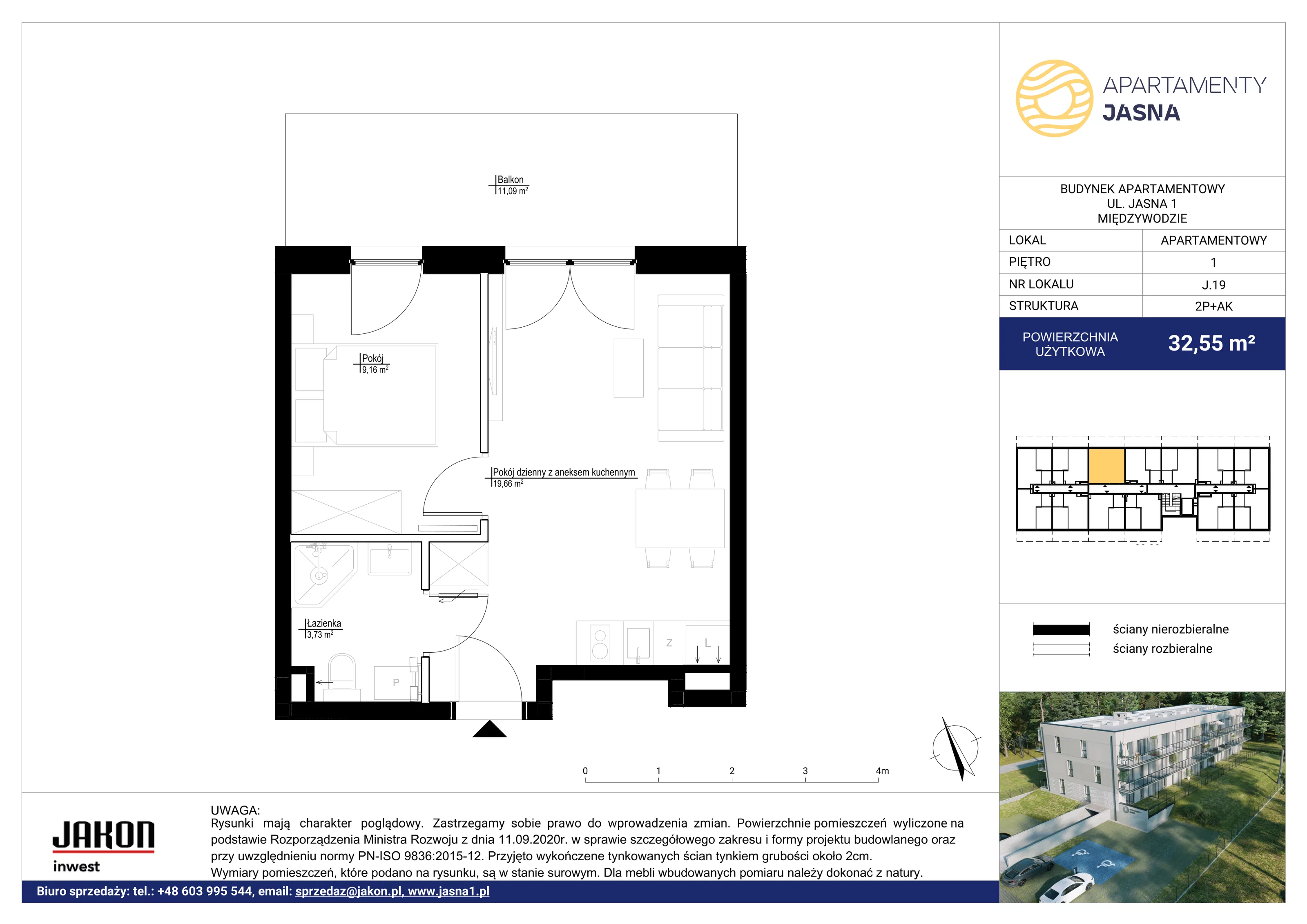 2 pokoje, apartament 32,55 m², piętro 1, oferta nr J19, Jasna, Międzywodzie, ul. Jasna 1