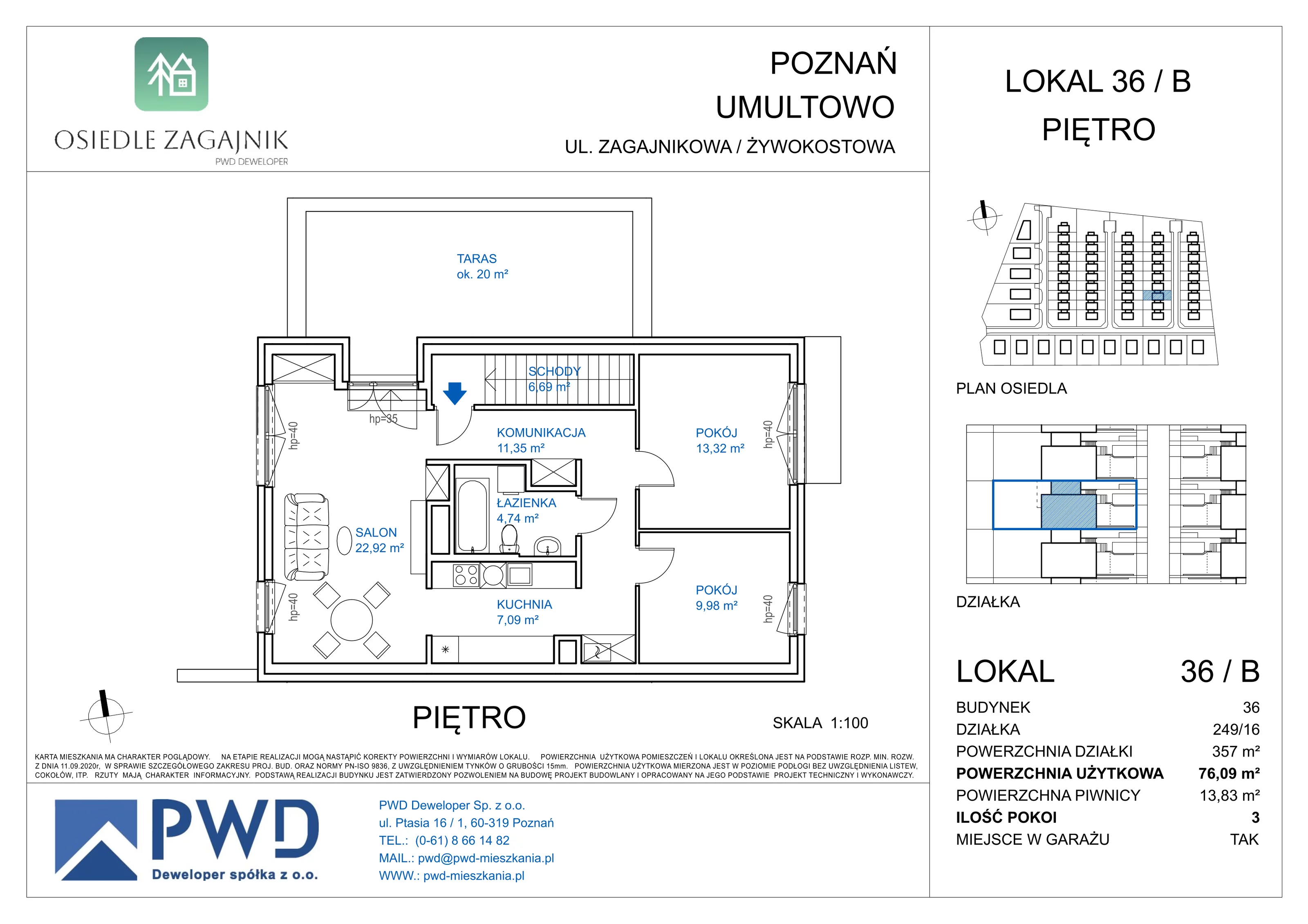 3 pokoje, mieszkanie 76,09 m², piętro 1, oferta nr 36 / B, Osiedle Zagajnik, Poznań, Umultowo, Umultowo, ul. Zagajnikowa