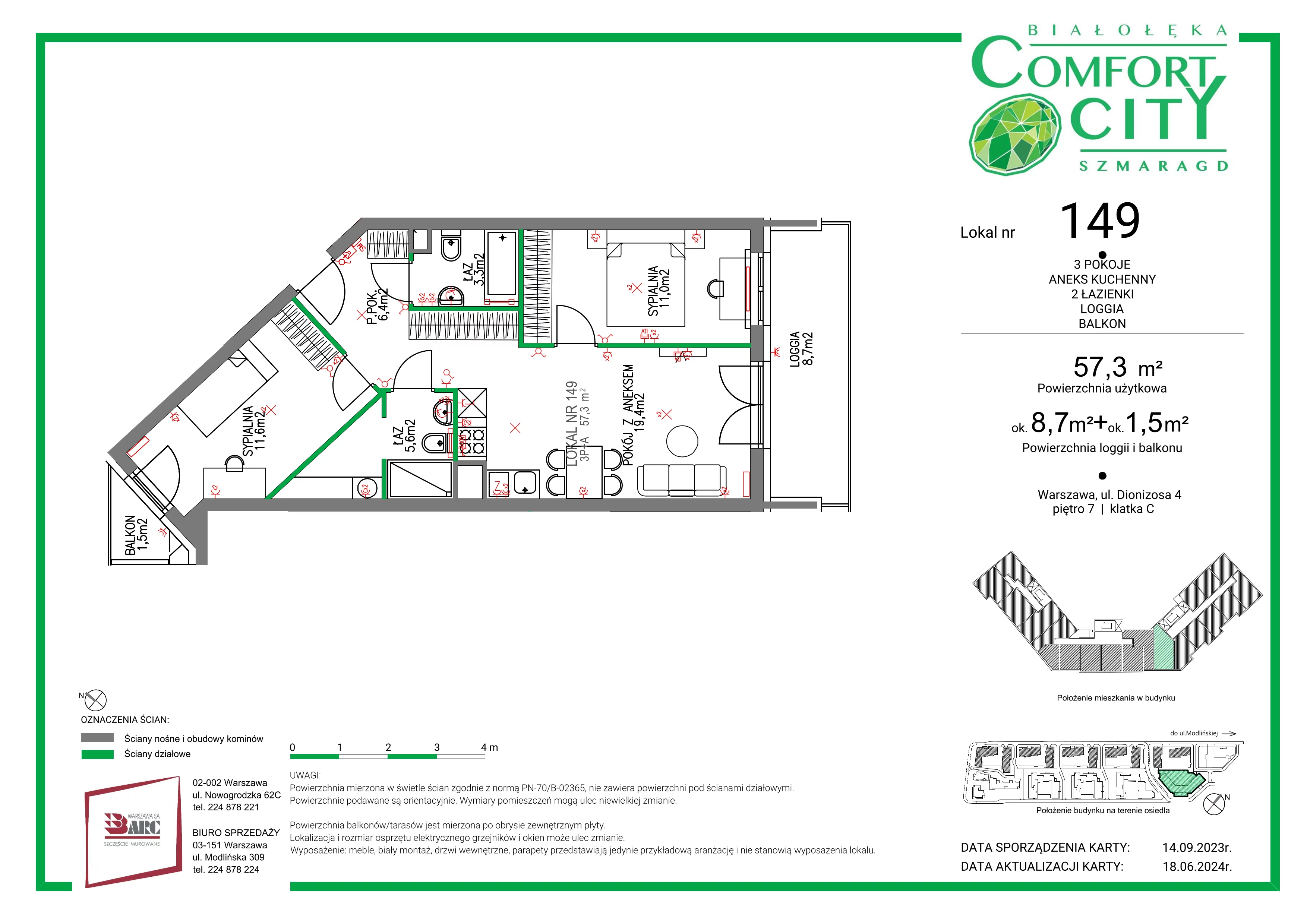 3 pokoje, mieszkanie 57,00 m², piętro 7, oferta nr 149, Comfort City Szmaragd, Warszawa, Białołęka, Nowodwory, ul. Dionizosa 4