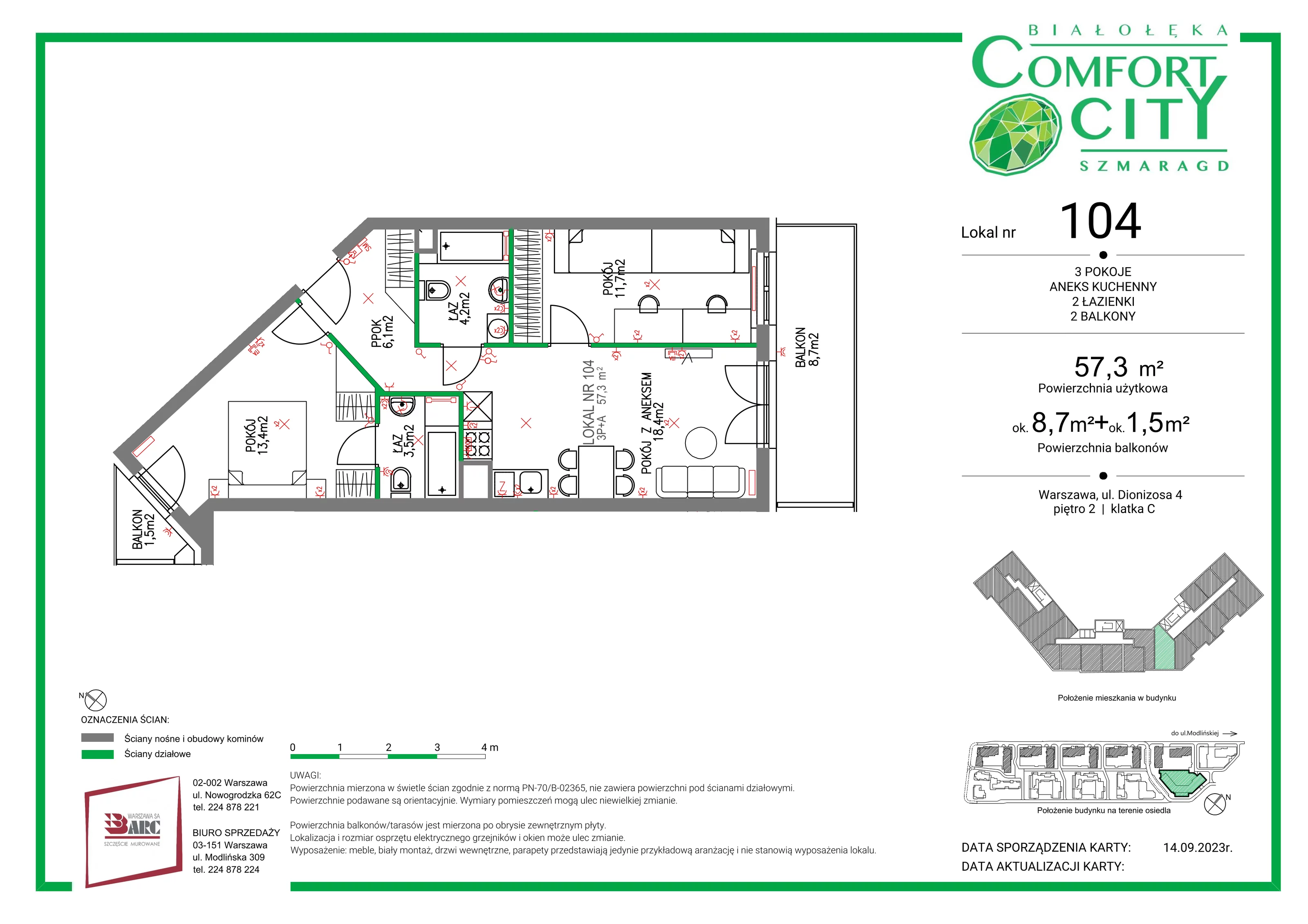 Mieszkanie 57,30 m², piętro 2, oferta nr 104, Comfort City Szmaragd, Warszawa, Białołęka, Nowodwory, ul. Dionizosa 4