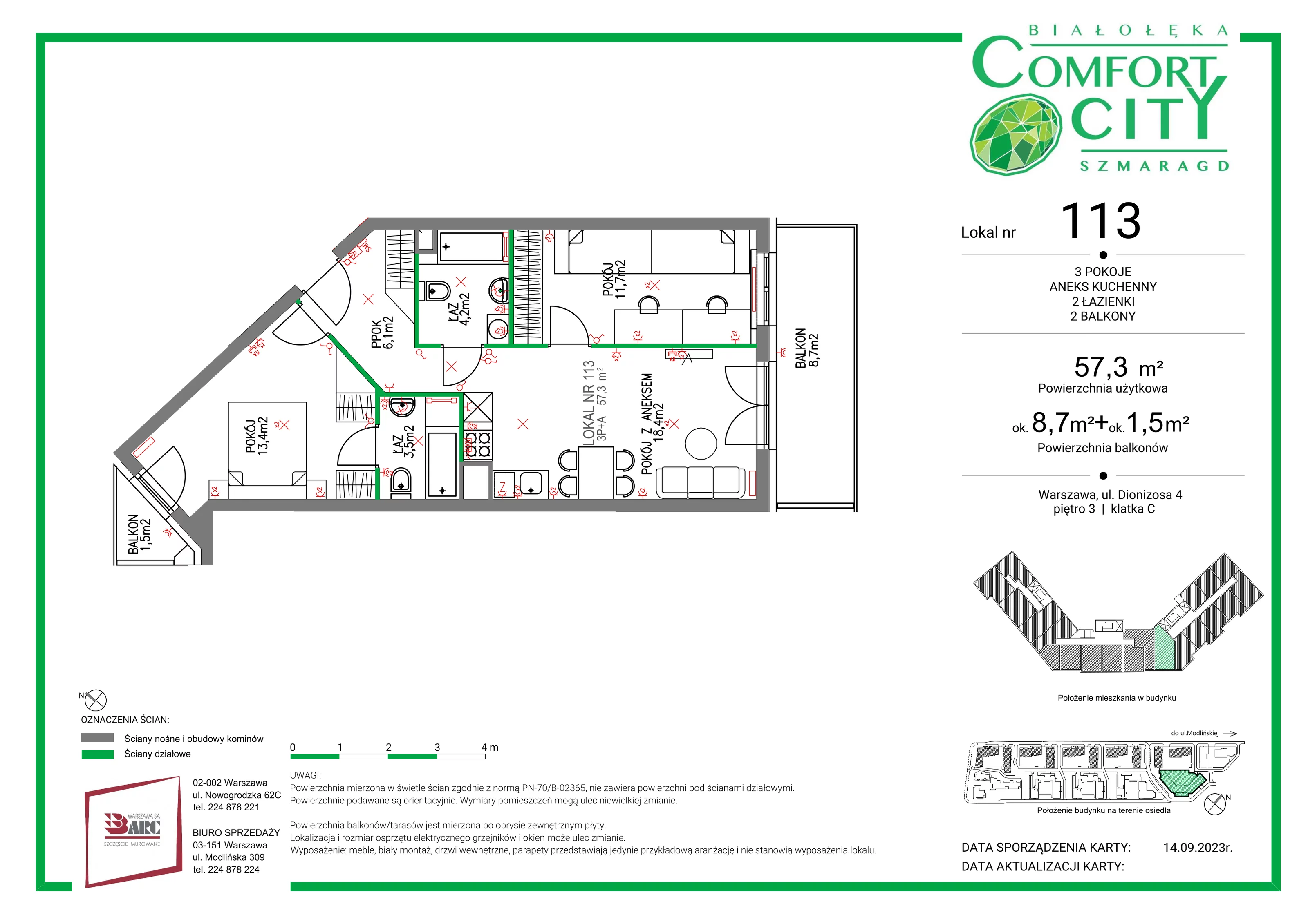 Mieszkanie 57,30 m², piętro 3, oferta nr 113, Comfort City Szmaragd, Warszawa, Białołęka, Nowodwory, ul. Dionizosa 4