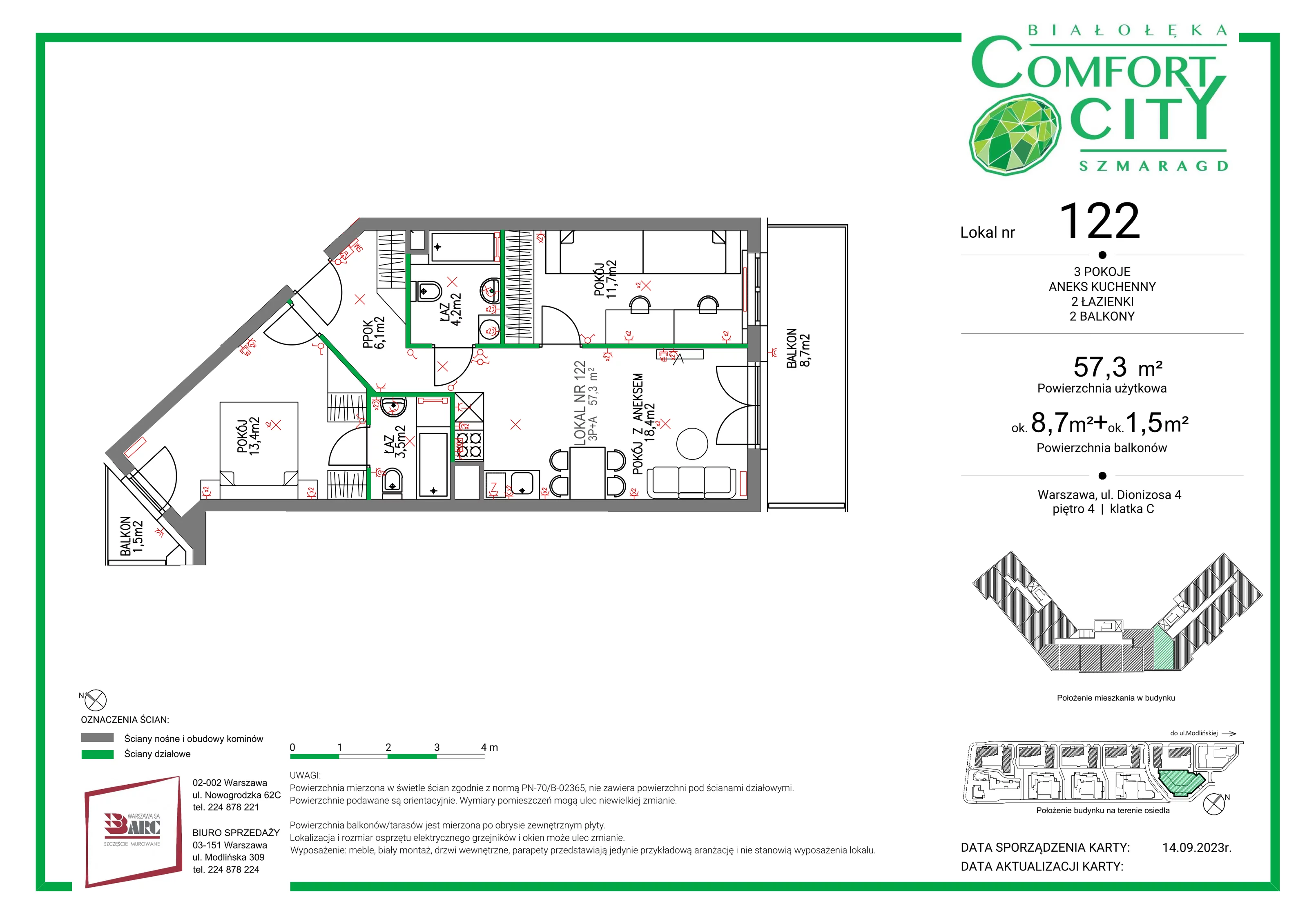 Mieszkanie 57,30 m², piętro 4, oferta nr 122, Comfort City Szmaragd, Warszawa, Białołęka, Nowodwory, ul. Dionizosa 4