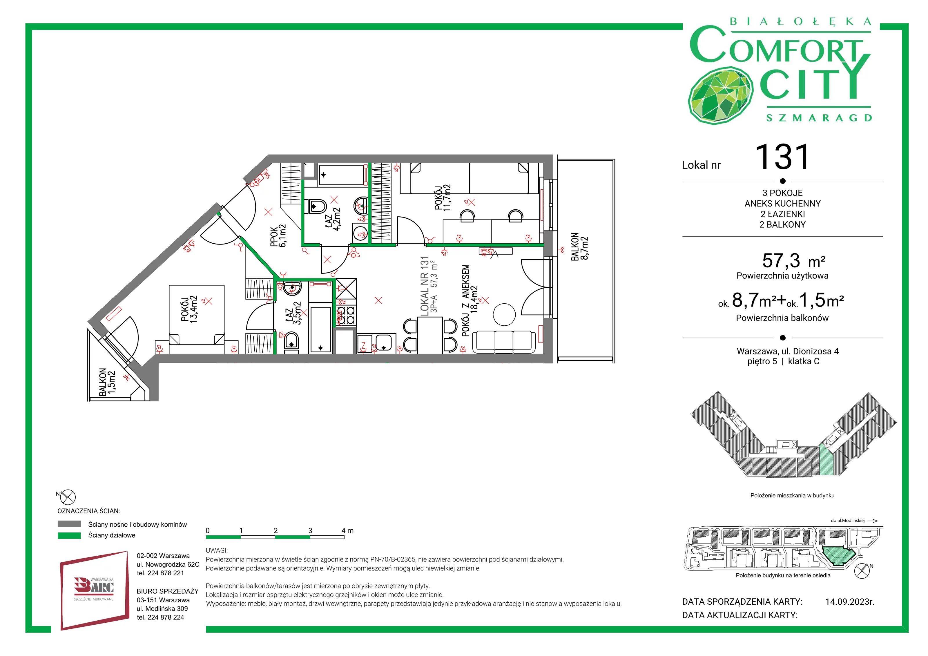 Mieszkanie 57,30 m², piętro 5, oferta nr 131, Comfort City Szmaragd, Warszawa, Białołęka, Nowodwory, ul. Dionizosa 4