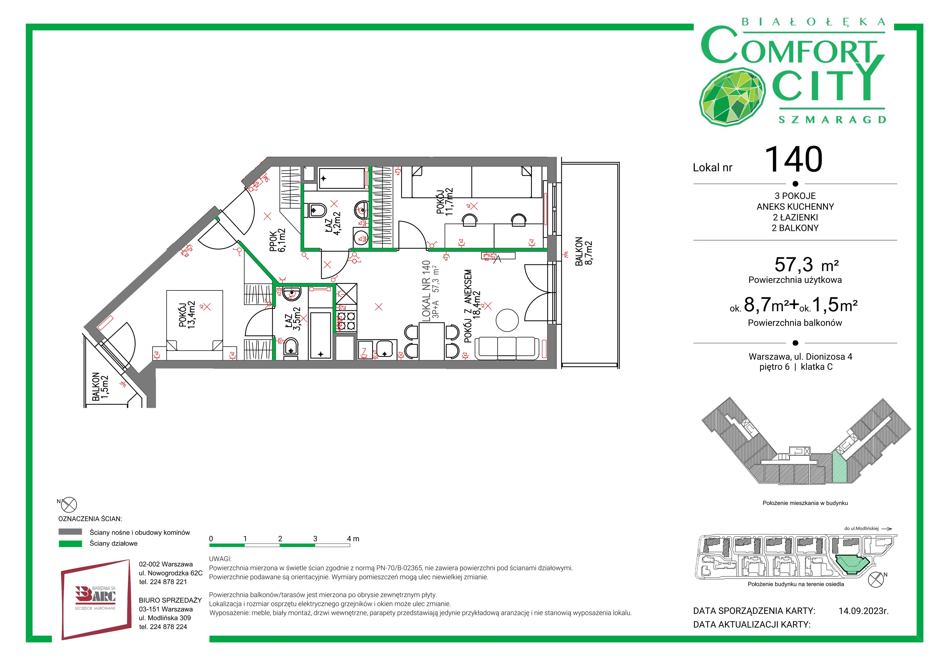 Mieszkanie 57,30 m², piętro 6, oferta nr 140, Comfort City Szmaragd, Warszawa, Białołęka, Nowodwory, ul. Dionizosa 4