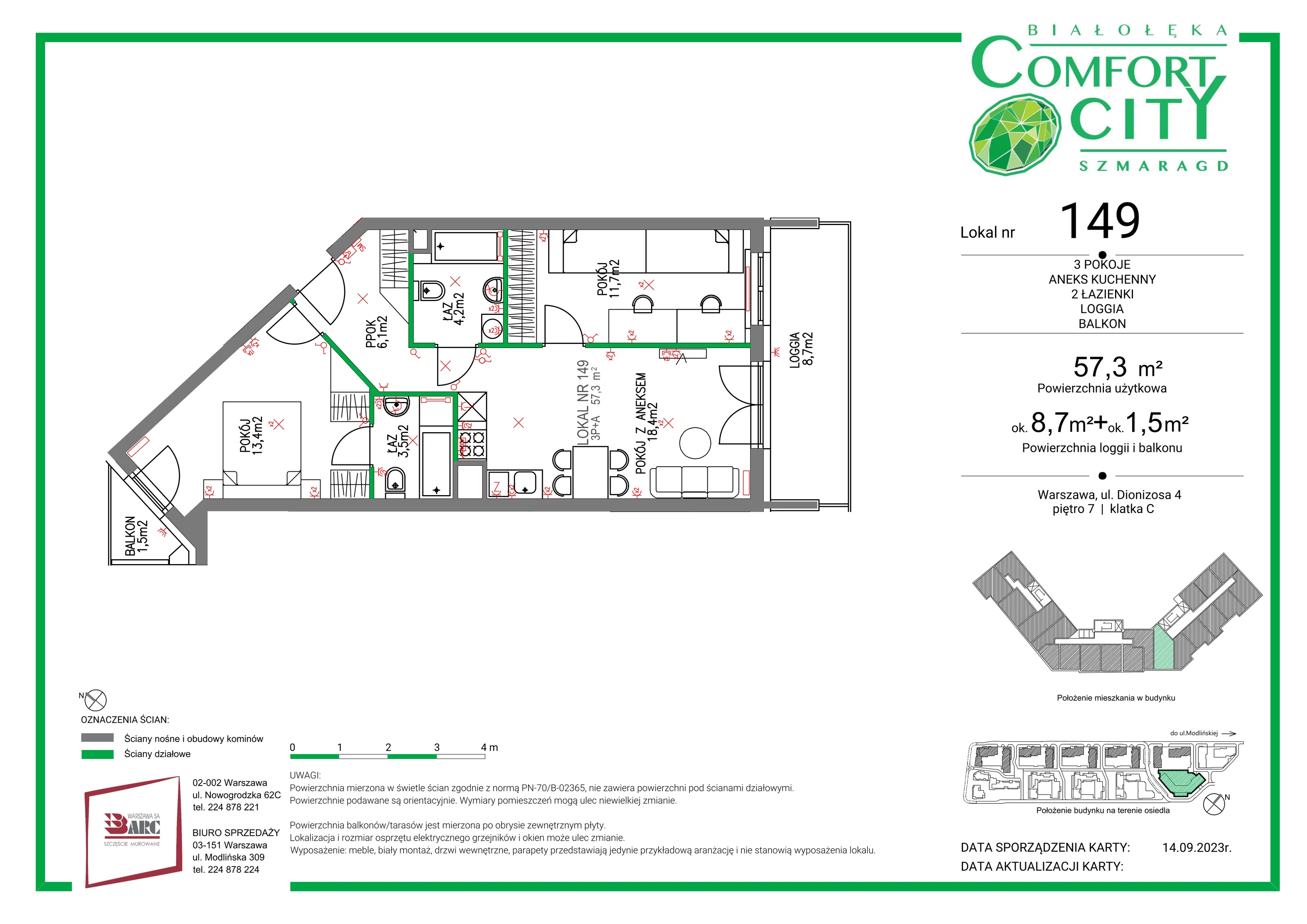 Mieszkanie 57,30 m², piętro 7, oferta nr 149, Comfort City Szmaragd, Warszawa, Białołęka, Nowodwory, ul. Dionizosa 4