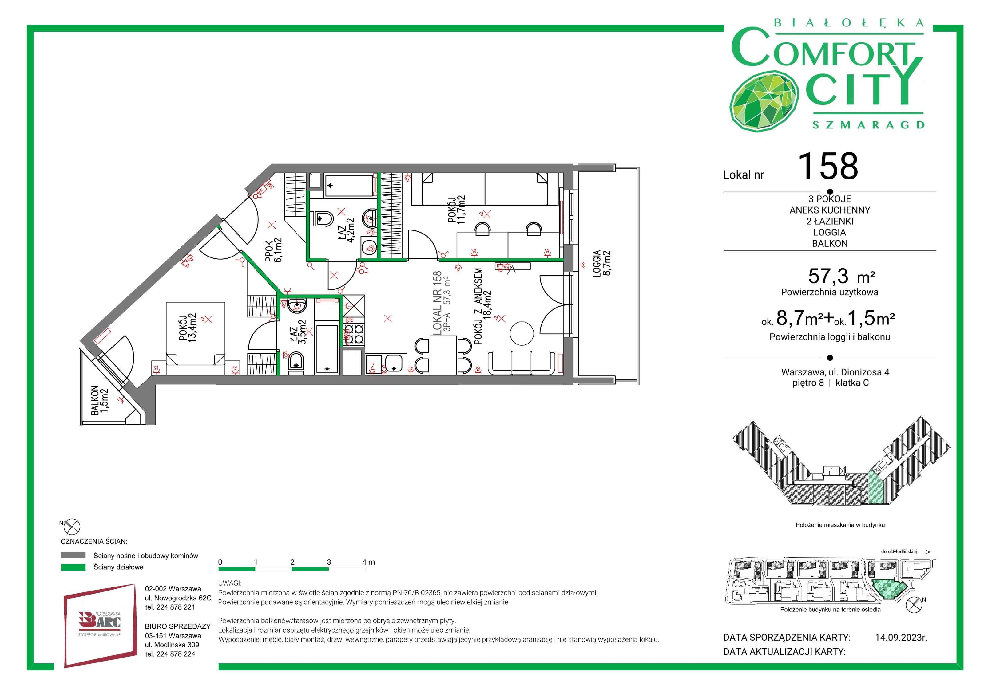 Mieszkanie 57,30 m², piętro 8, oferta nr 158, Comfort City Szmaragd, Warszawa, Białołęka, Nowodwory, ul. Dionizosa 4