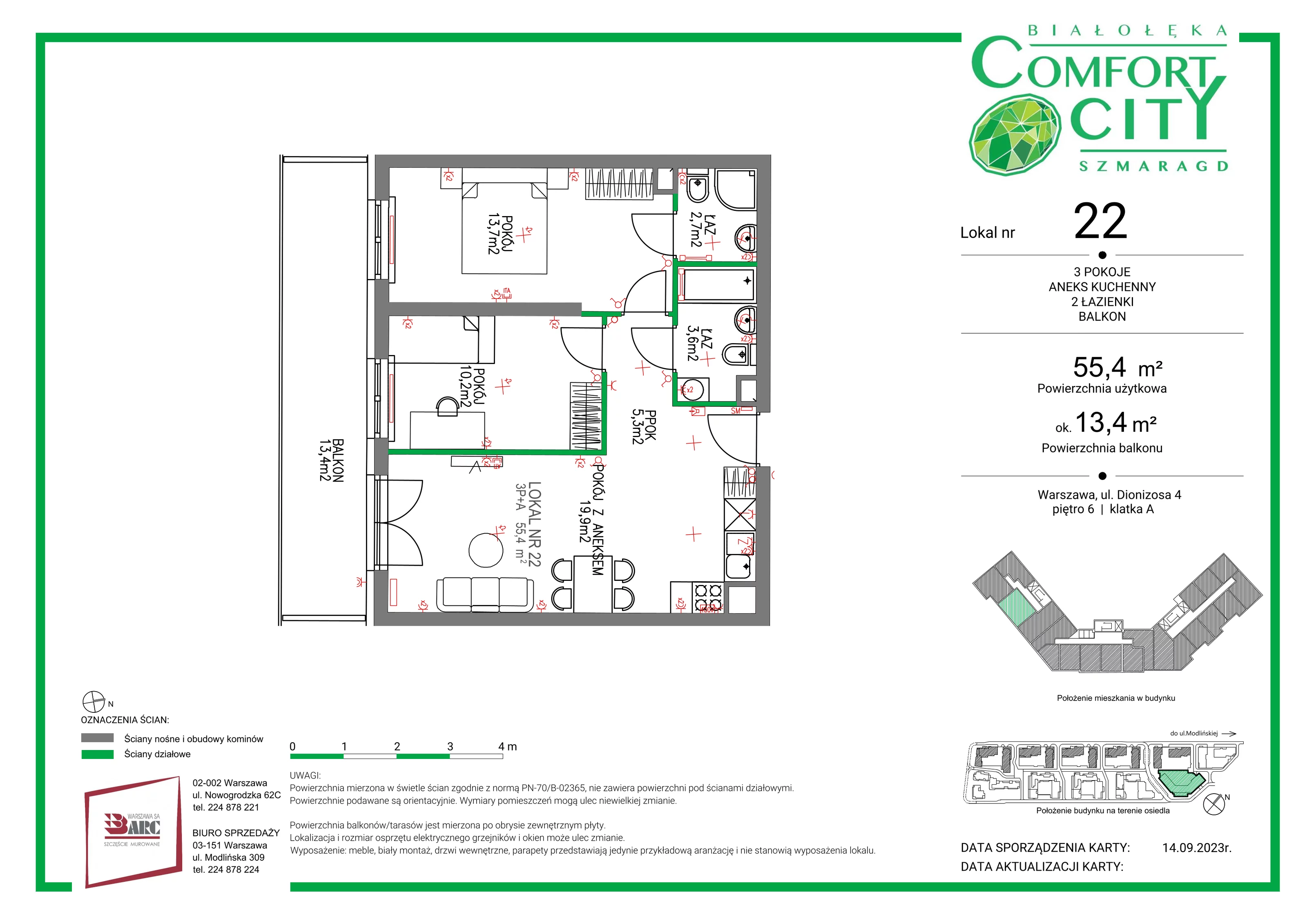 Mieszkanie 55,40 m², piętro 6, oferta nr 22, Comfort City Szmaragd, Warszawa, Białołęka, Nowodwory, ul. Dionizosa 4