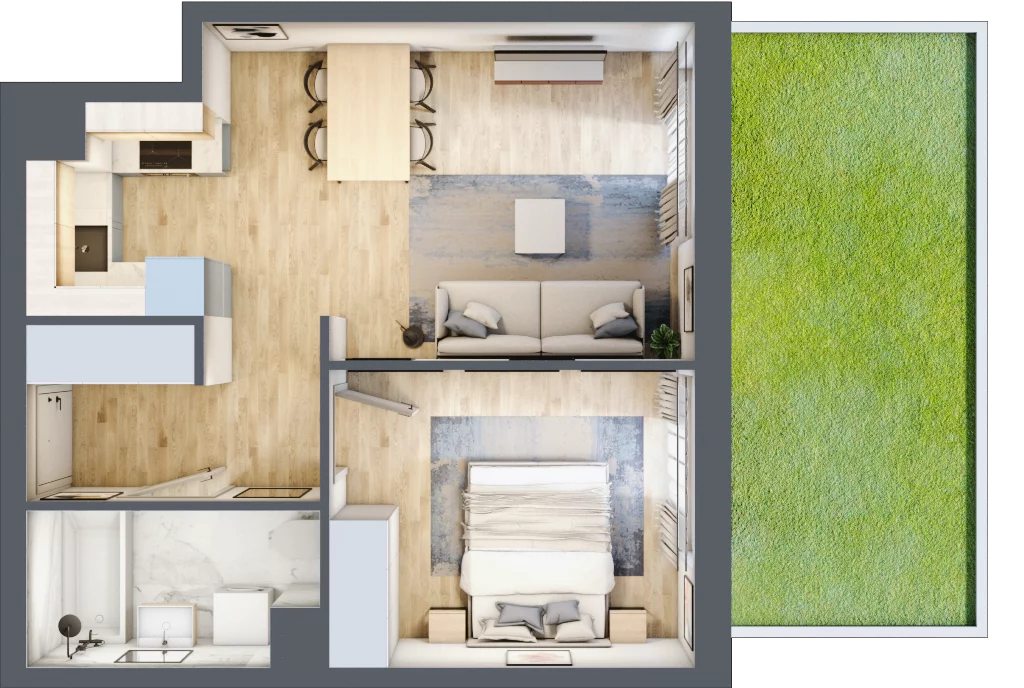 2 pokoje, mieszkanie 42,00 m², parter, oferta nr AM02, Nowa Drożdżownia - Etap II, Kraków, Bieżanów-Prokocim, ul. Drożdżowa 5