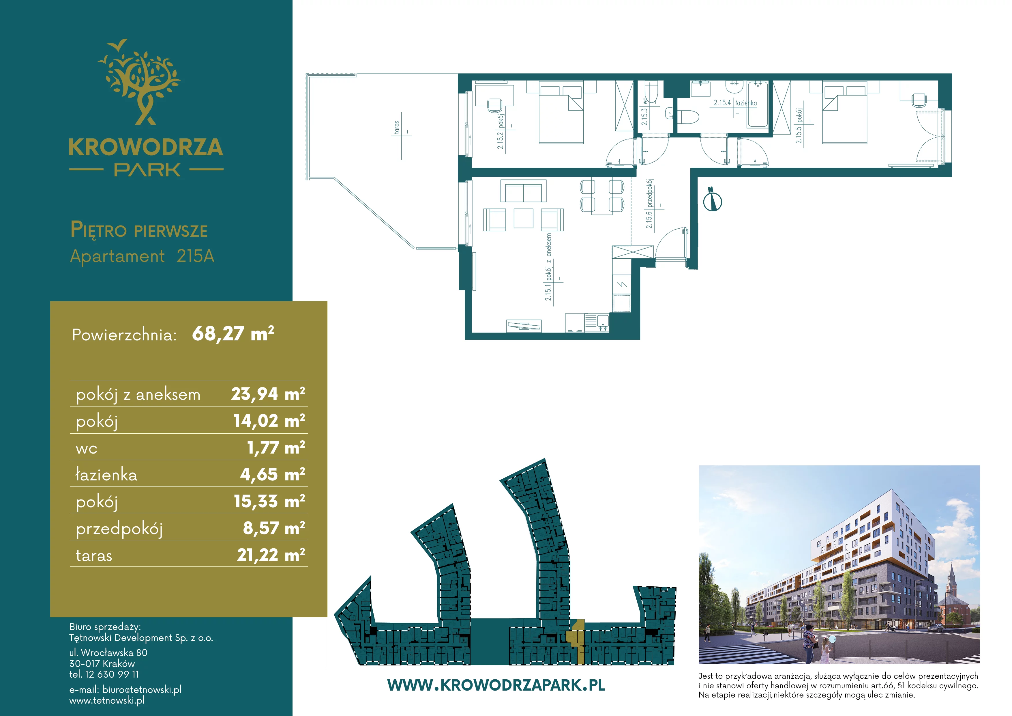 3 pokoje, apartament 68,31 m², piętro 1, oferta nr 215A, Krowodrza Park, Kraków, Krowodrza, Łobzów, al. Kijowska