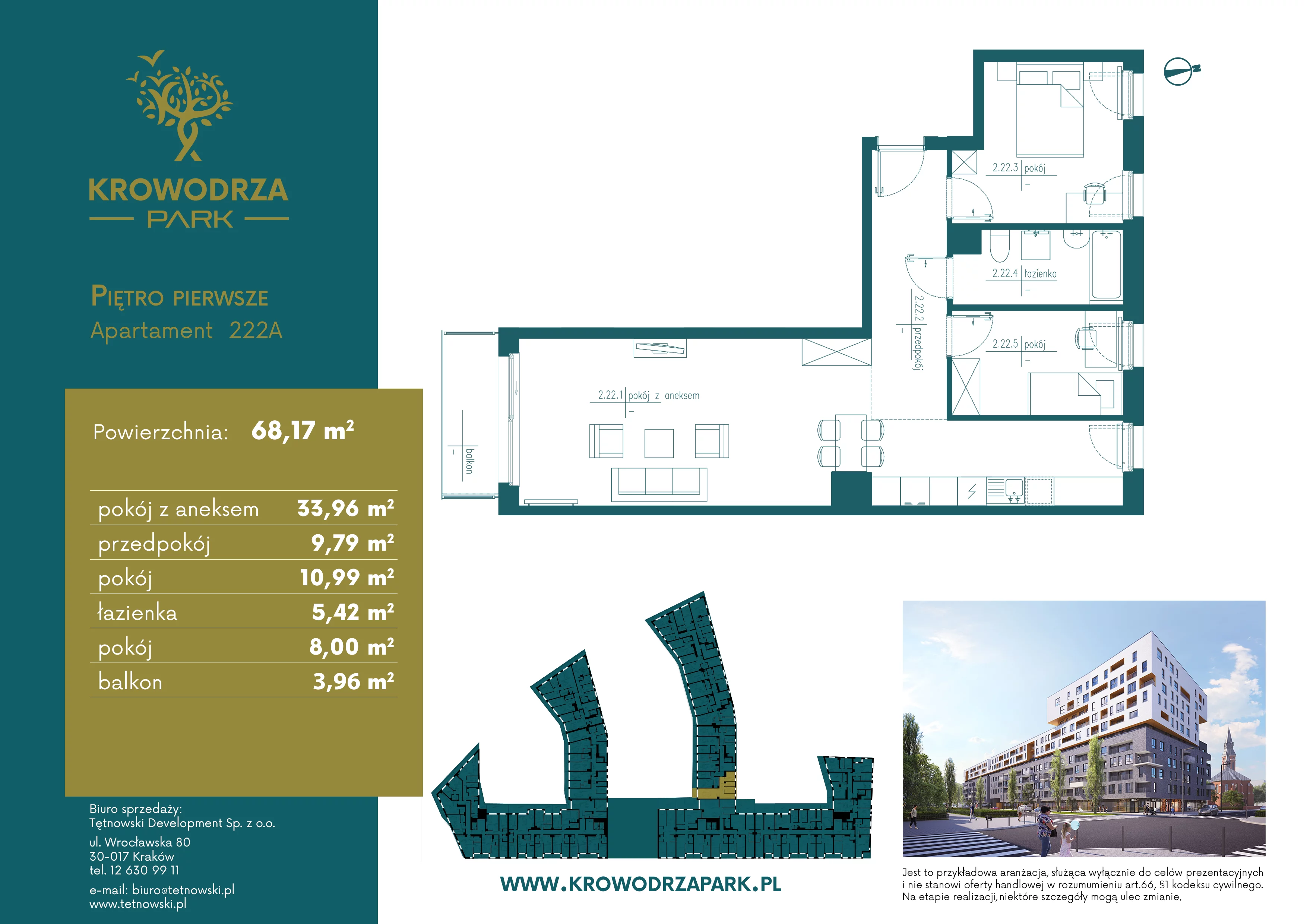 3 pokoje, apartament 68,19 m², piętro 1, oferta nr 222A, Krowodrza Park, Kraków, Krowodrza, Łobzów, al. Kijowska