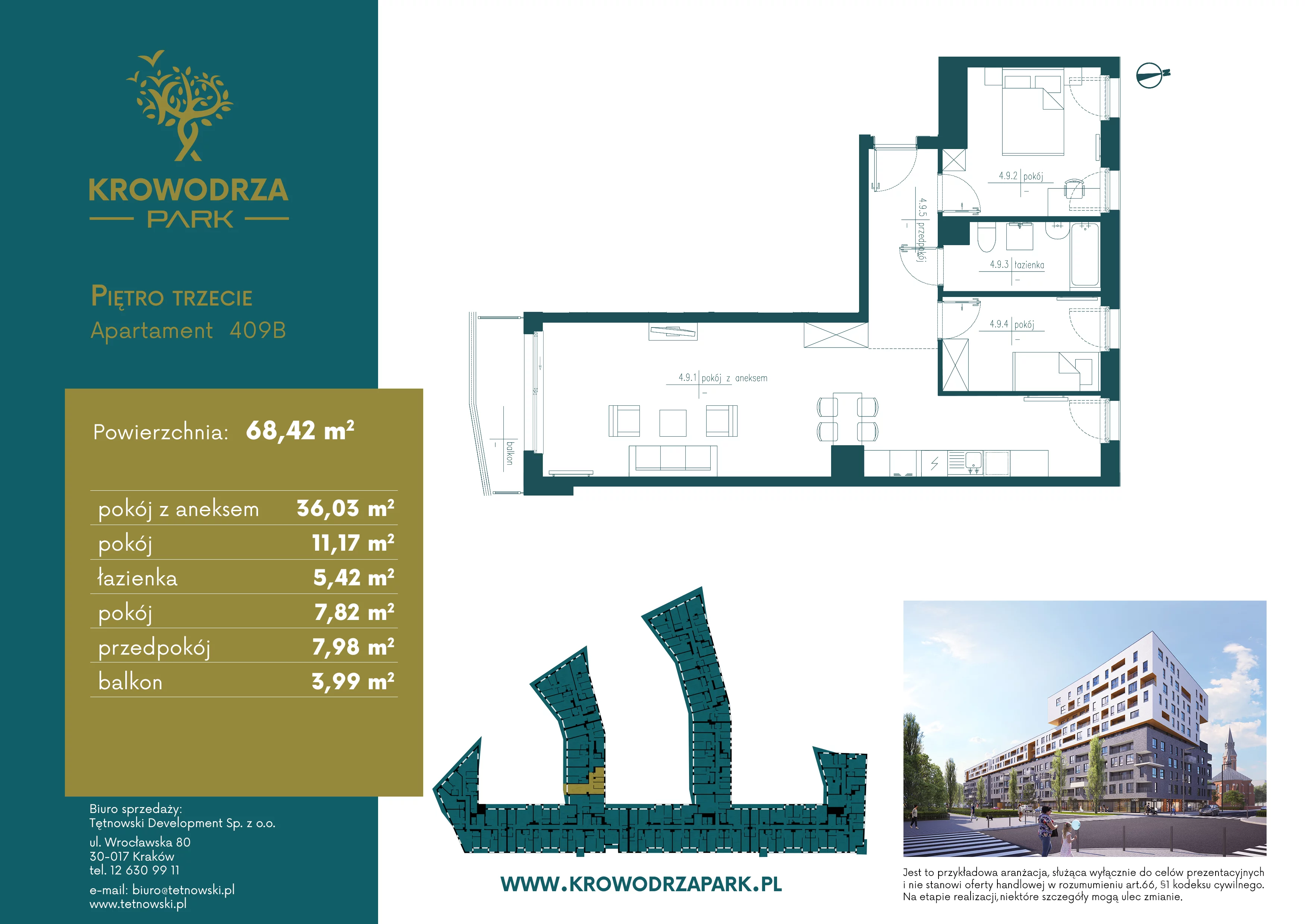 3 pokoje, apartament 68,51 m², piętro 3, oferta nr 409B, Krowodrza Park, Kraków, Krowodrza, Łobzów, al. Kijowska