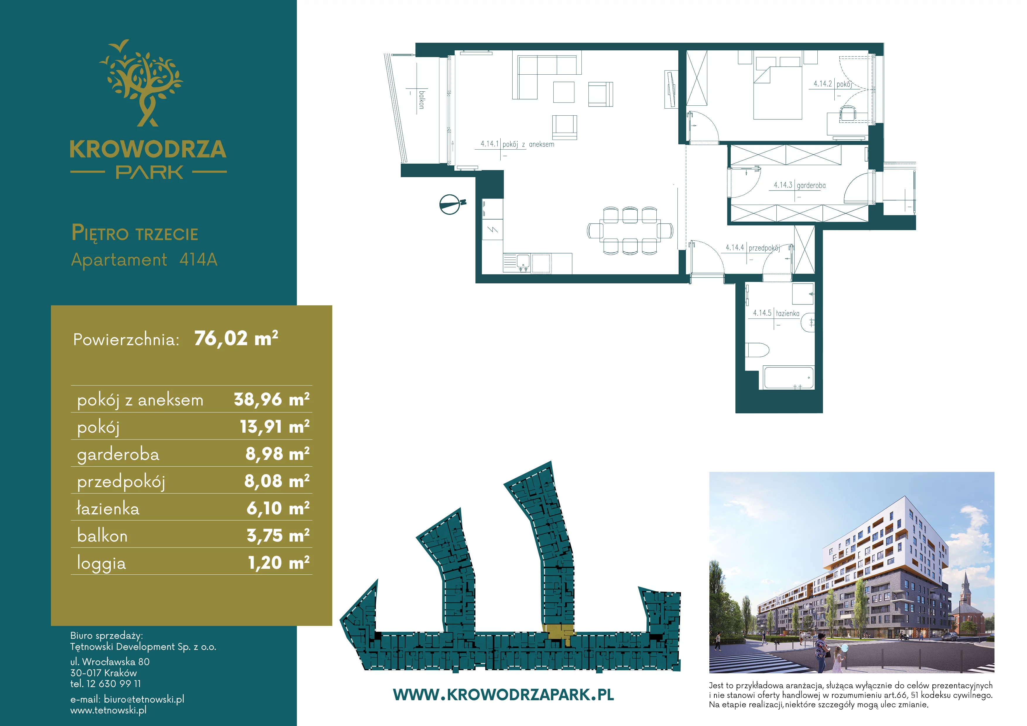 2 pokoje, apartament 76,70 m², piętro 3, oferta nr 414A, Krowodrza Park, Kraków, Krowodrza, Łobzów, al. Kijowska