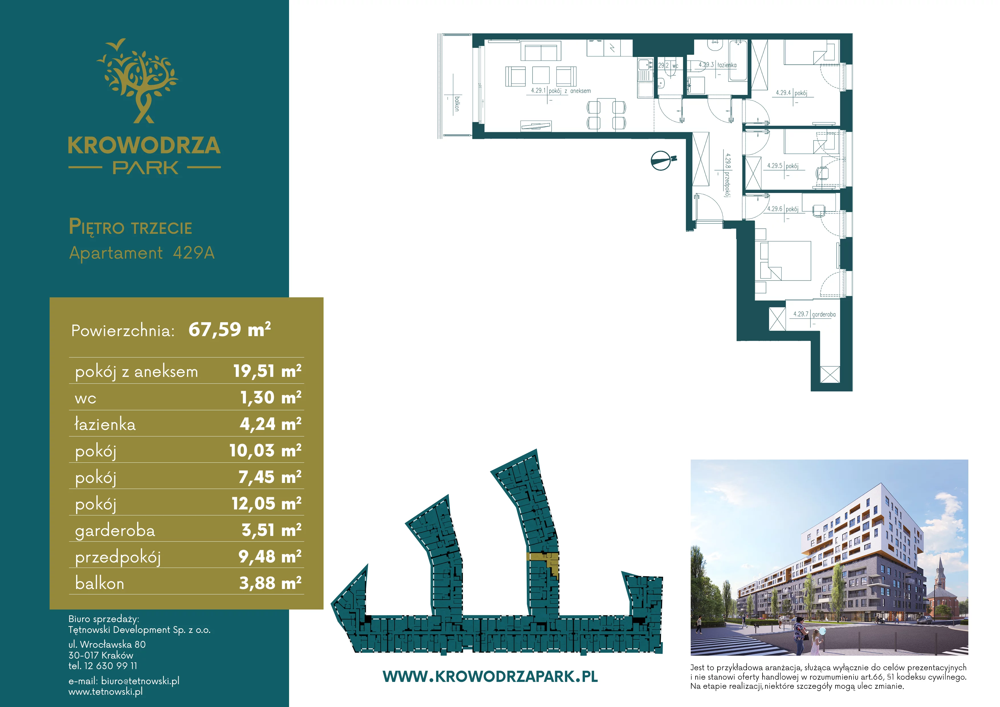 4 pokoje, apartament 67,68 m², piętro 3, oferta nr 429A, Krowodrza Park, Kraków, Krowodrza, Łobzów, al. Kijowska