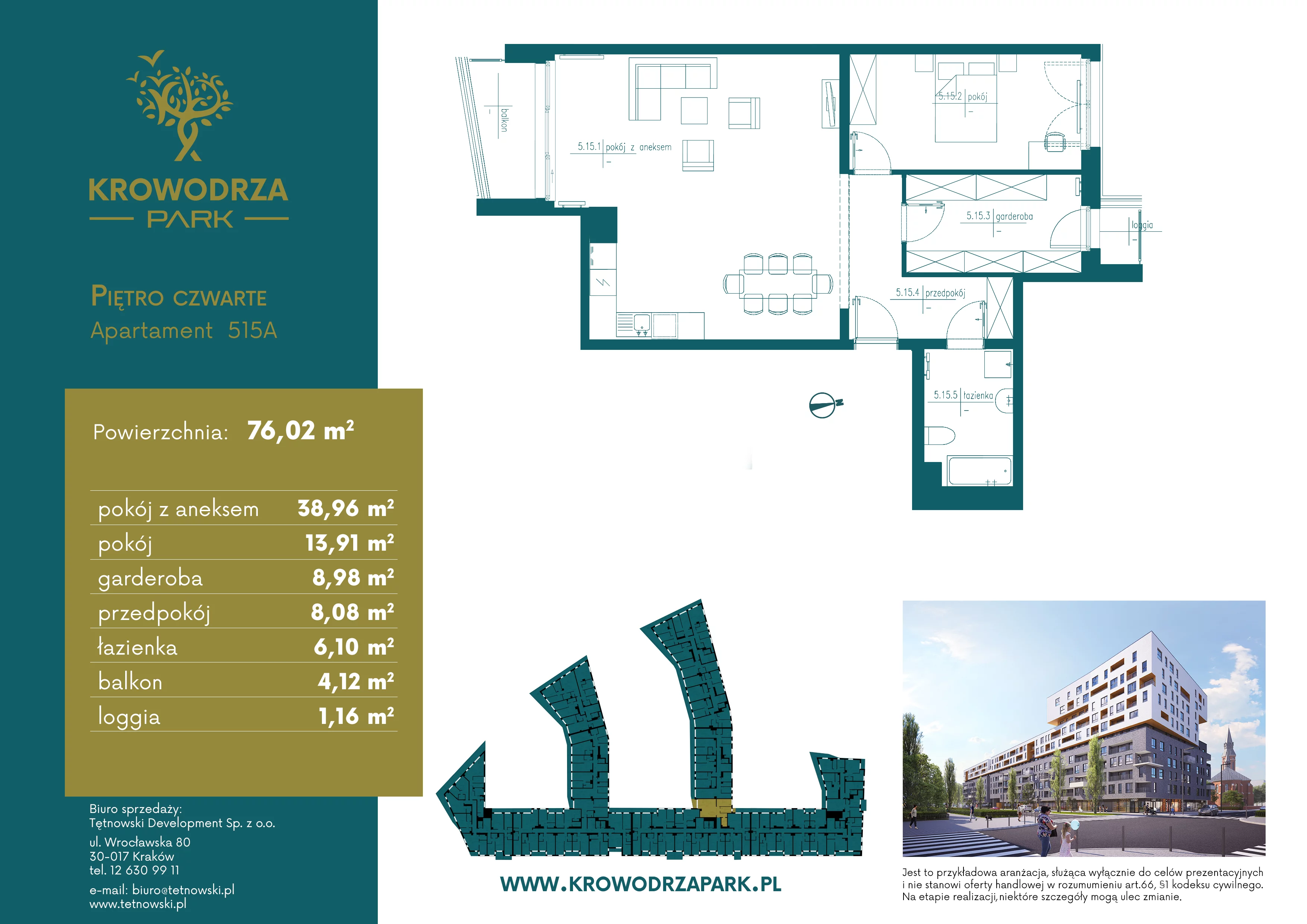 2 pokoje, apartament 76,62 m², piętro 4, oferta nr 515A, Krowodrza Park, Kraków, Krowodrza, Łobzów, al. Kijowska