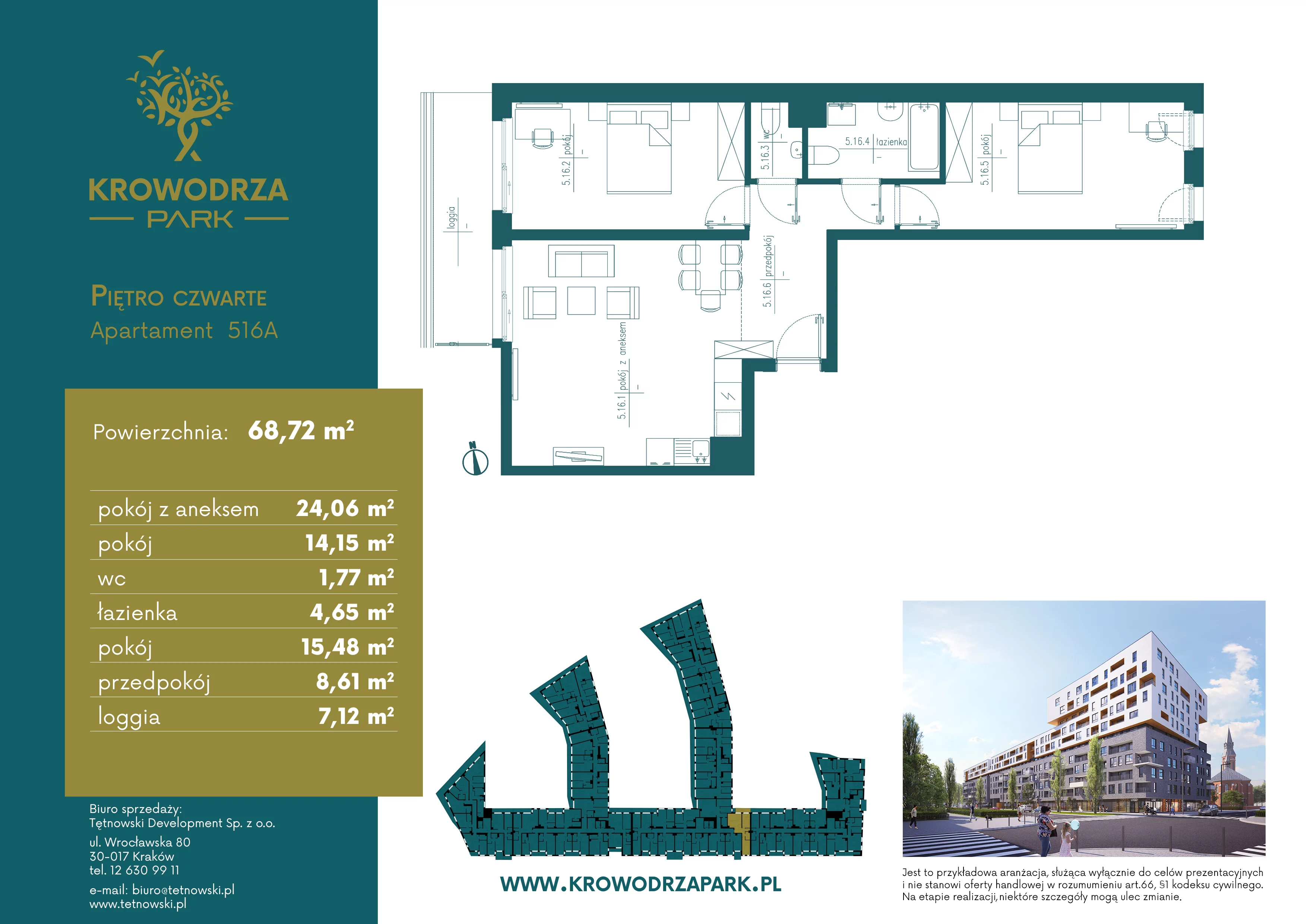 3 pokoje, apartament 68,52 m², piętro 4, oferta nr 516A, Krowodrza Park, Kraków, Krowodrza, Łobzów, al. Kijowska