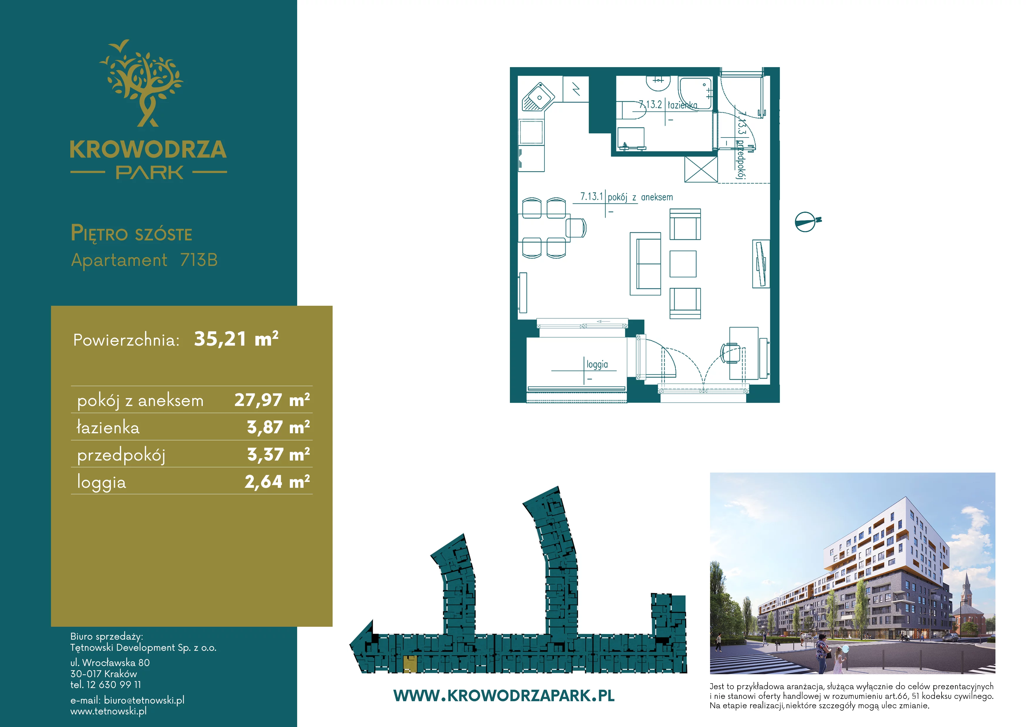 1 pokój, apartament 35,33 m², piętro 6, oferta nr 713B, Krowodrza Park, Kraków, Krowodrza, Łobzów, al. Kijowska