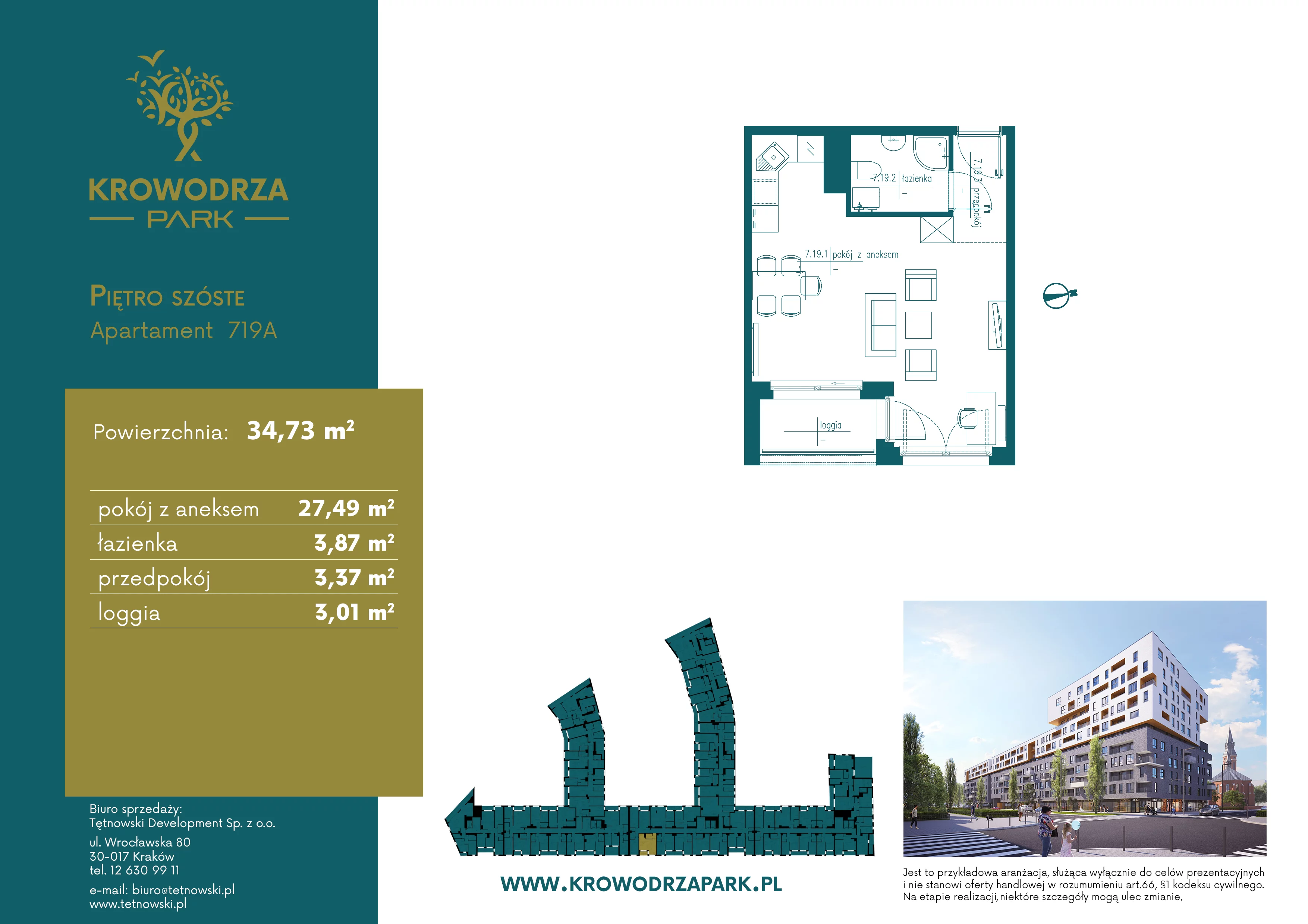 1 pokój, apartament 34,76 m², piętro 6, oferta nr 719A, Krowodrza Park, Kraków, Krowodrza, Łobzów, al. Kijowska