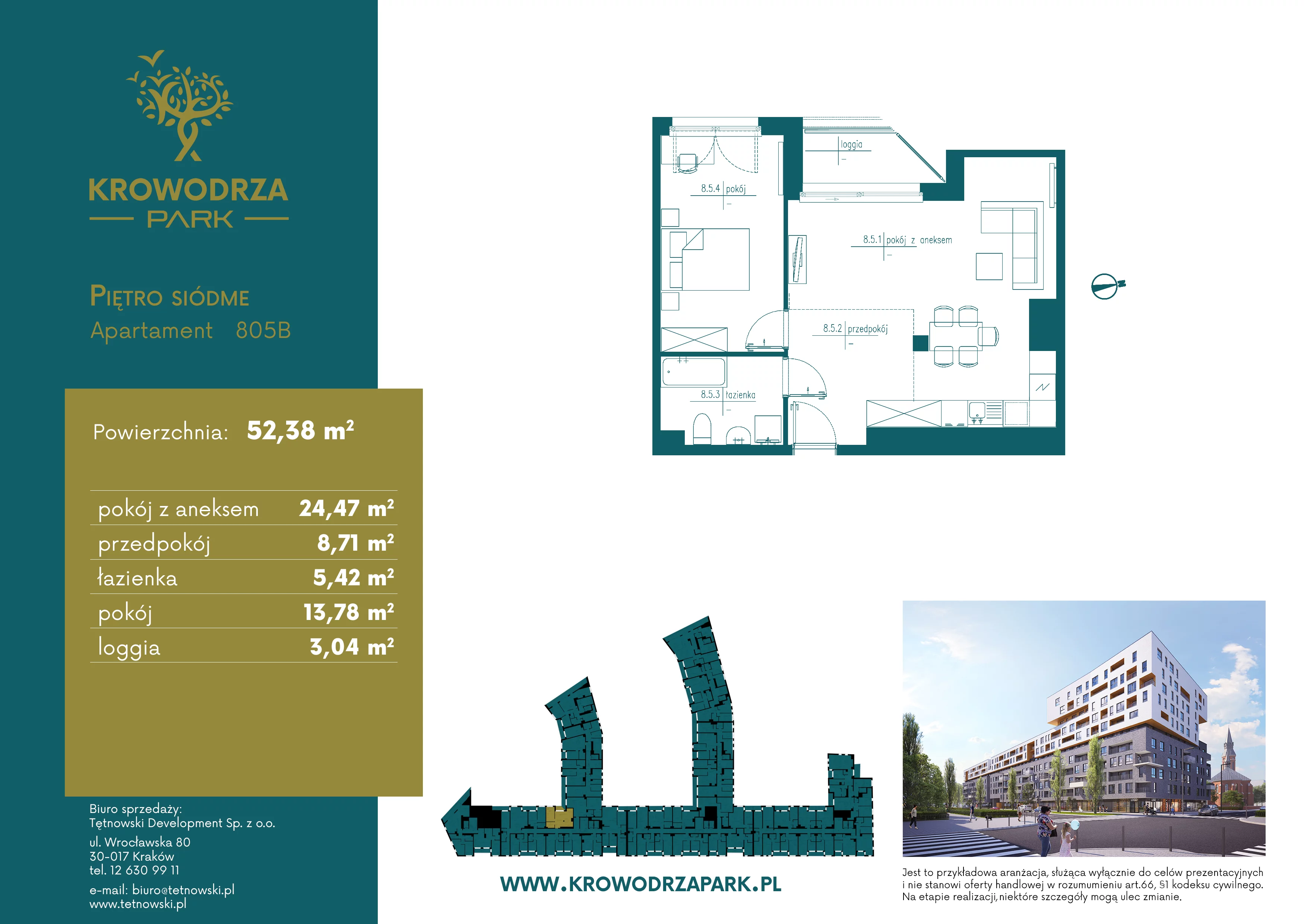 2 pokoje, apartament 52,28 m², piętro 7, oferta nr 805B, Krowodrza Park, Kraków, Krowodrza, Łobzów, al. Kijowska