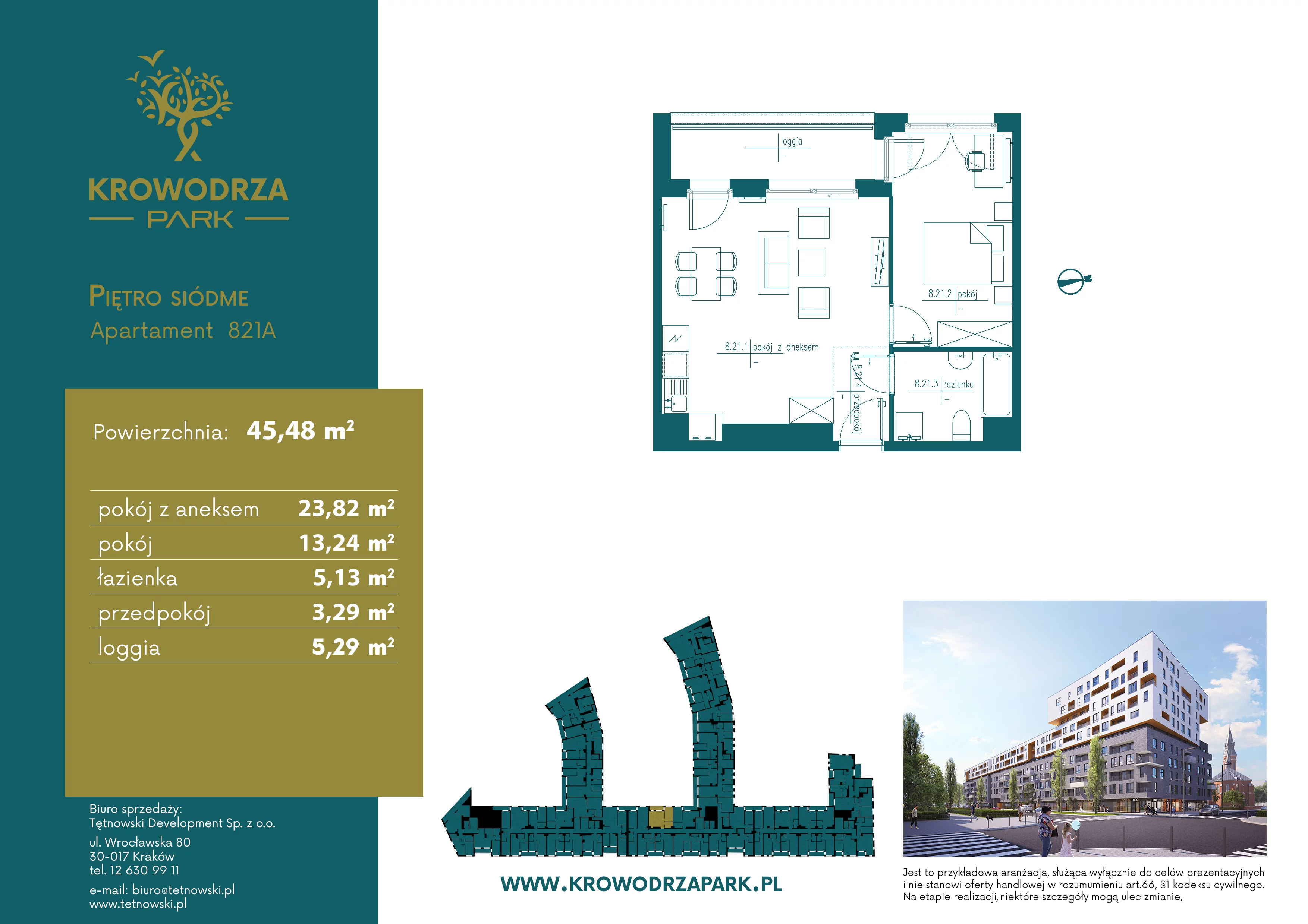 2 pokoje, apartament 45,82 m², piętro 7, oferta nr 821A, Krowodrza Park, Kraków, Krowodrza, Łobzów, al. Kijowska